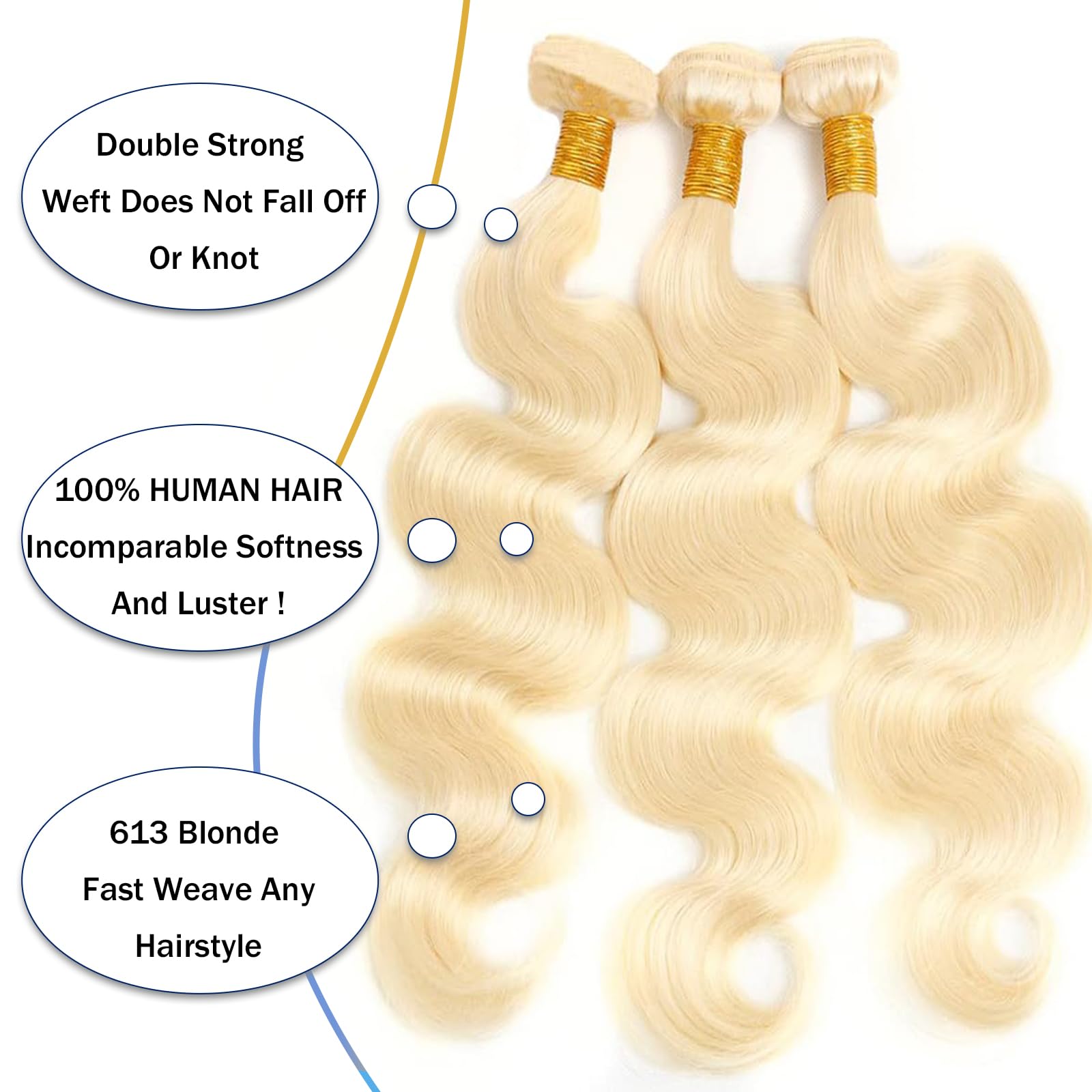 12A 613 Honey Blonde Human Hair Bundles 22 24 26 Inch - 100% Brazilian Virgin Hair Extensions Body Wave 3 Bundles for Women - Perfect for Weaving, Styling, and Everyday Wear
