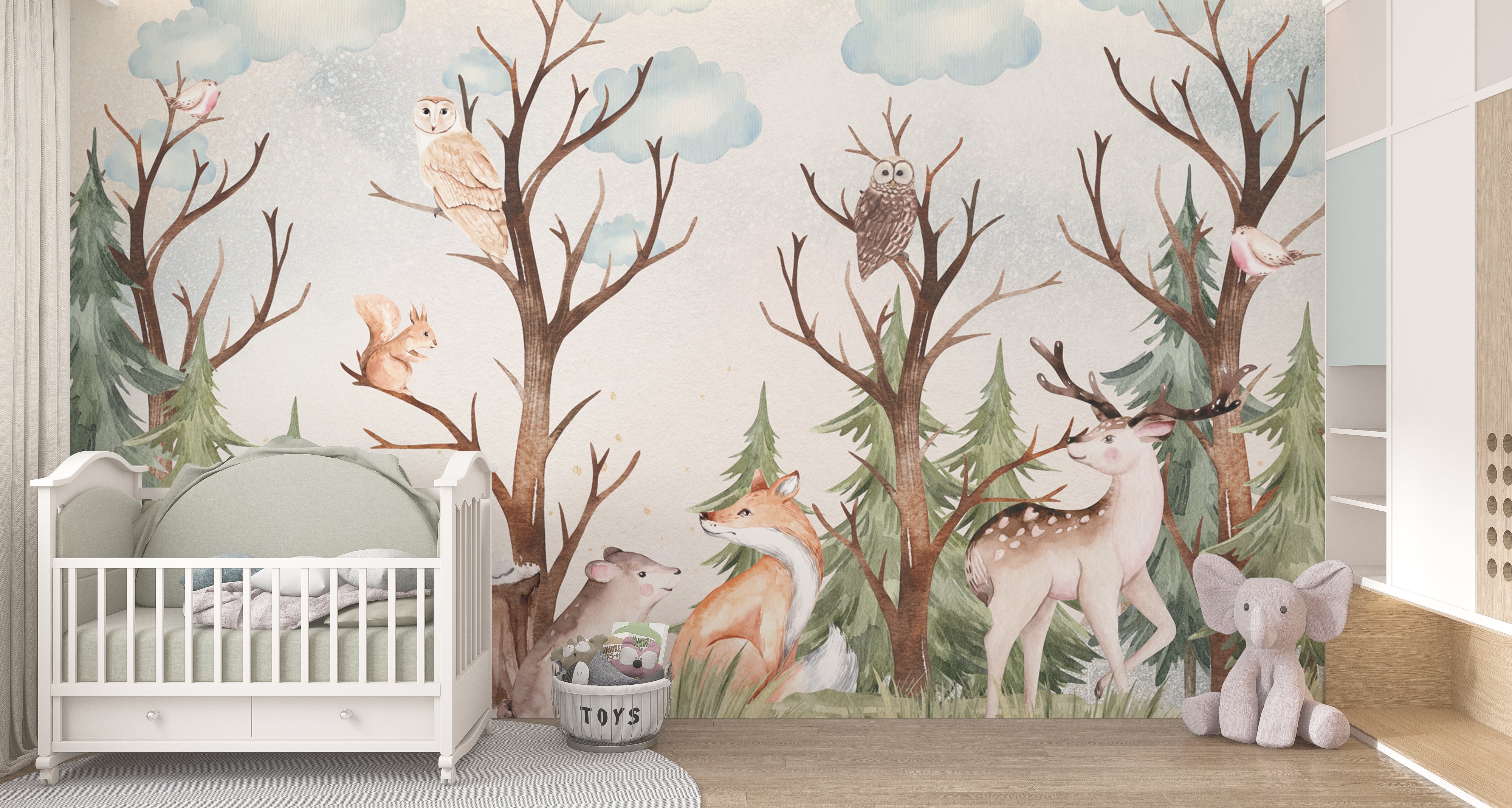 Woodland Forest Animals Wallpaper Mural for Kids Room - Nursery Decor, Playroom Wall Art, Children's Bedroom Design