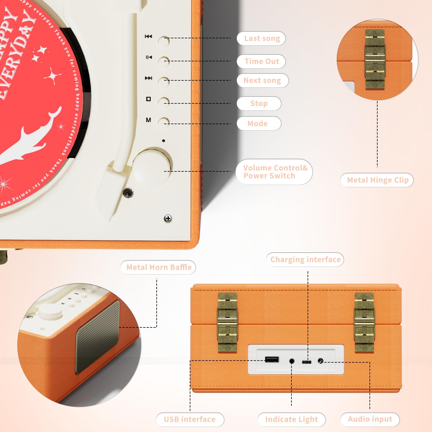 Time Music Box CD Player with Bluetooth & Speakers - Wireless Audio Transmitter for Home, Office, or Party | Perfect Gift for Music Lovers & Home Decor (Orange)