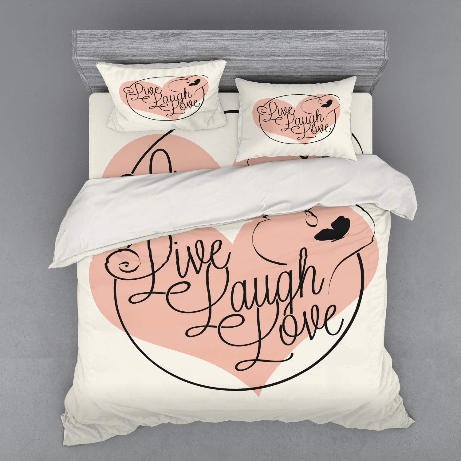 Ambesonne Live Laugh Love 4-Piece King Size Duvet Cover Set - Romantic Valentine's Day Themed Calligraphy Art with Hearts & Butterflies, Includes Shams & Fitted Sheet in Pale Pink, Black & White | Perfect for Master Bedroom, Guest Room & Anniversary Gifts