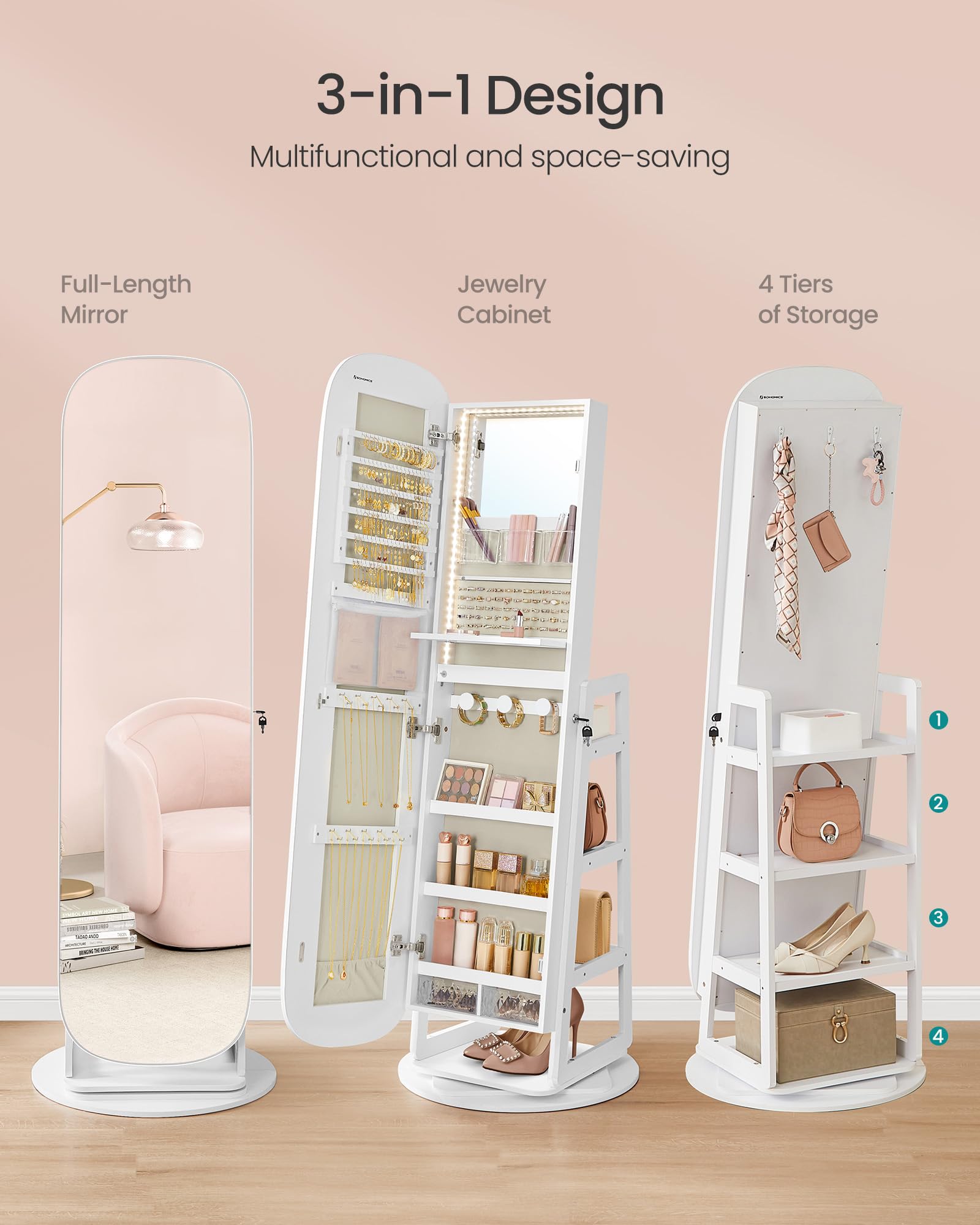 SONGMICS LED Jewelry Organizer Cabinet - 360° Swivel Standing Mirror with Lock, Full-Length Cloud White Jewelry Storage with Shelves & Interior Mirror | Perfect for Bedroom, Dressing Room & Closet Organization