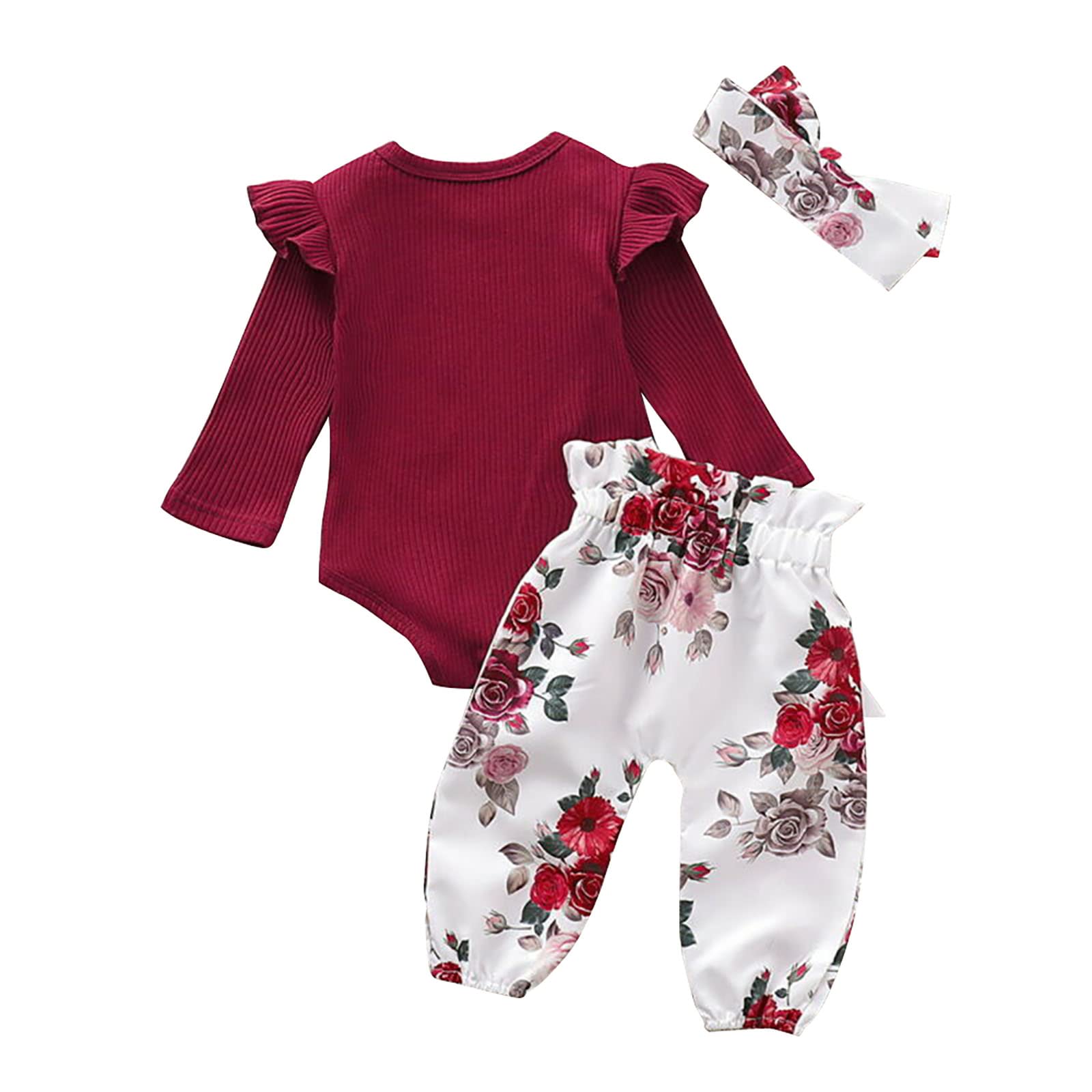 Newborn Baby Girl Outfit - Ruffle Long Sleeve Romper with Floral Pants & Headband Set | Soft Cotton Infant Clothes for 0-6 Months | Perfect for Photography, Birthday Parties & Special Occasions