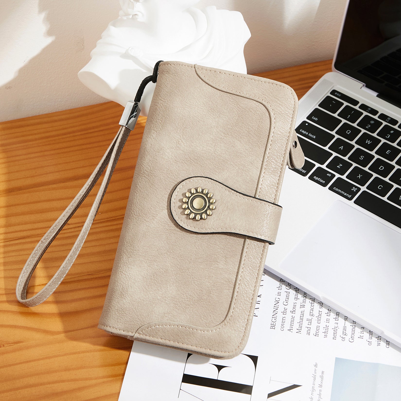 Lomy Women's Large Leather Wristlet Clutch with Sunflower Clasp - Stylish Handbag for Evening Parties, Weddings & Date Nights