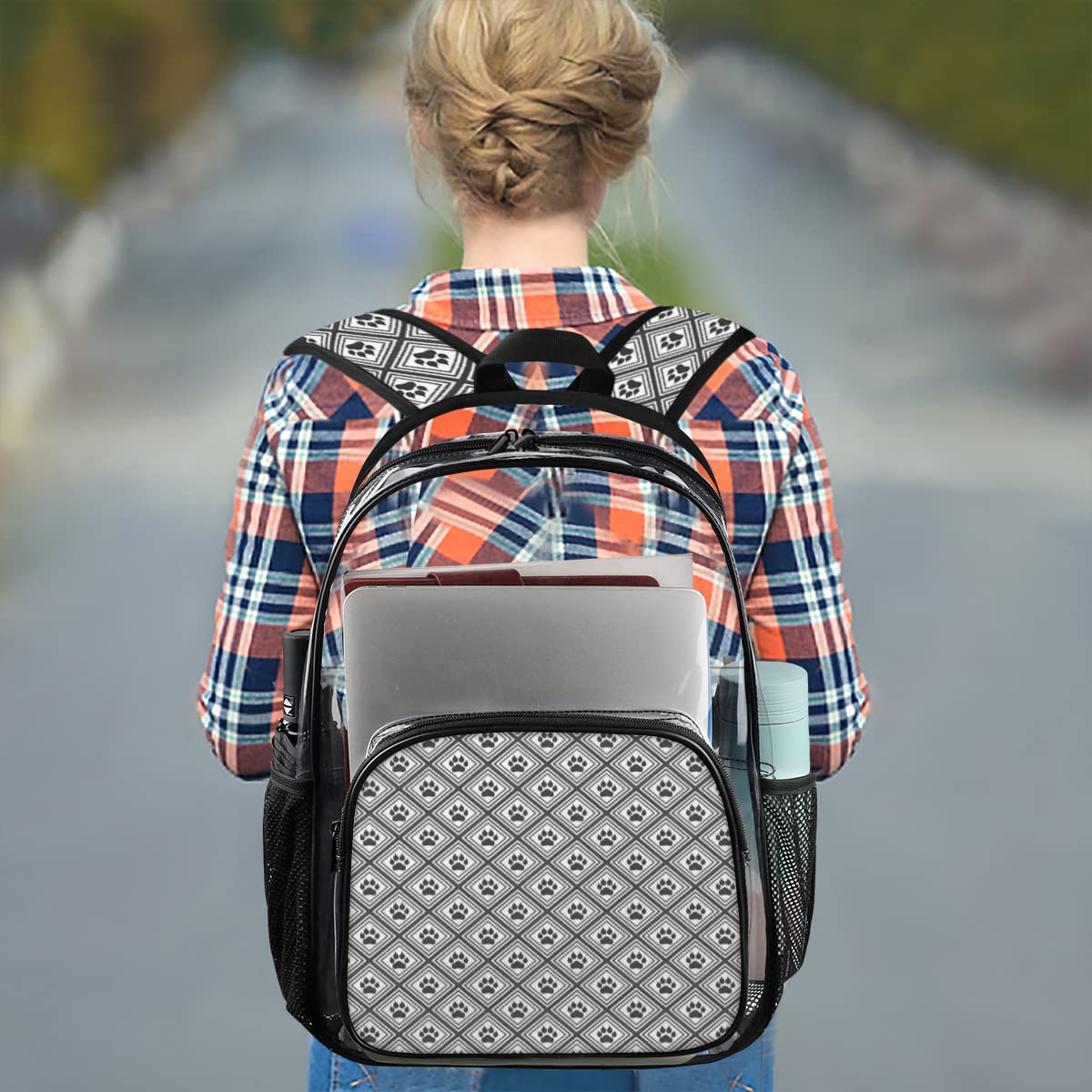 Animal Paw Print Rhombus Clear PVC Backpack - Heavy Duty Transparent Stadium Approved Large Laptop Backpack for Work, Travel, Sports & Concerts | Perfect for School, Music Festivals and Security Checkpoints