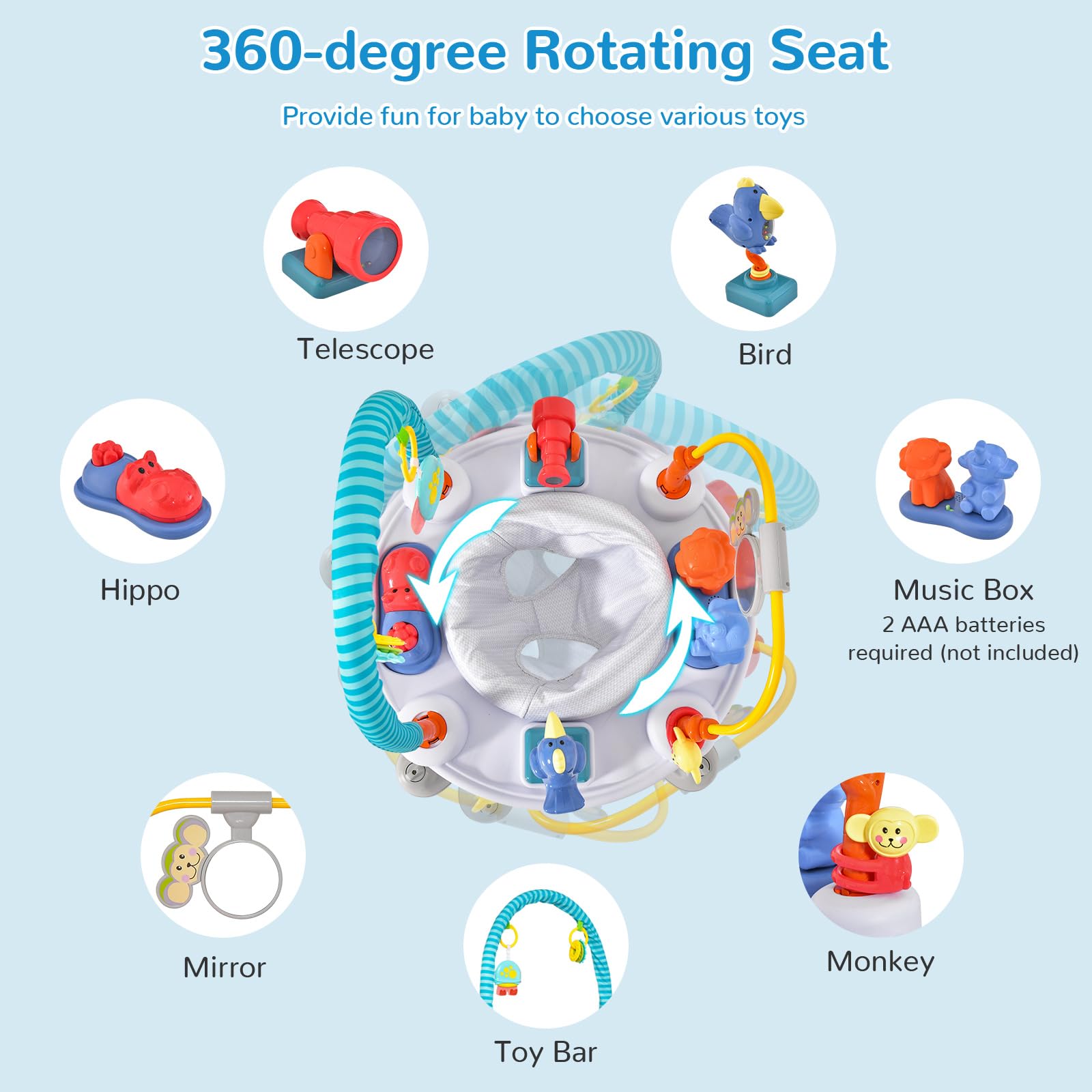 INFANS 5-in-1 Baby Bouncer Activity Center with 360° Rotating Seat - Adjustable Height Foldable Exersaucer, Learning Walker & Play Mat for Toddlers 6-24 Months - Perfect for Indoor Play, Early Development & Parent-Free Moments (Grey)