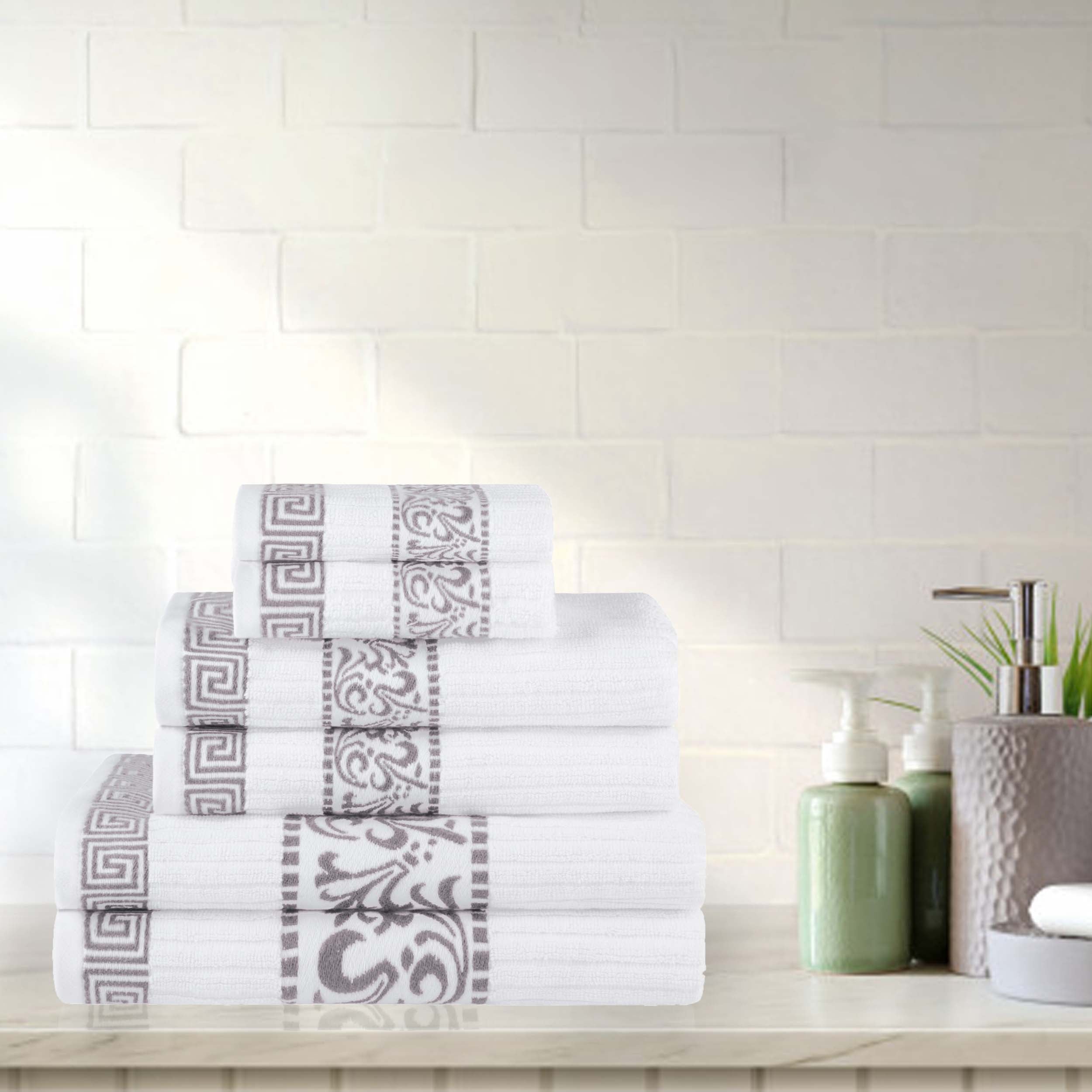 Athens Cotton Greek Scroll and Floral 6-Piece Bath Towel Set - Soft & Absorbent for Bathroom, Spa, and Beach Use