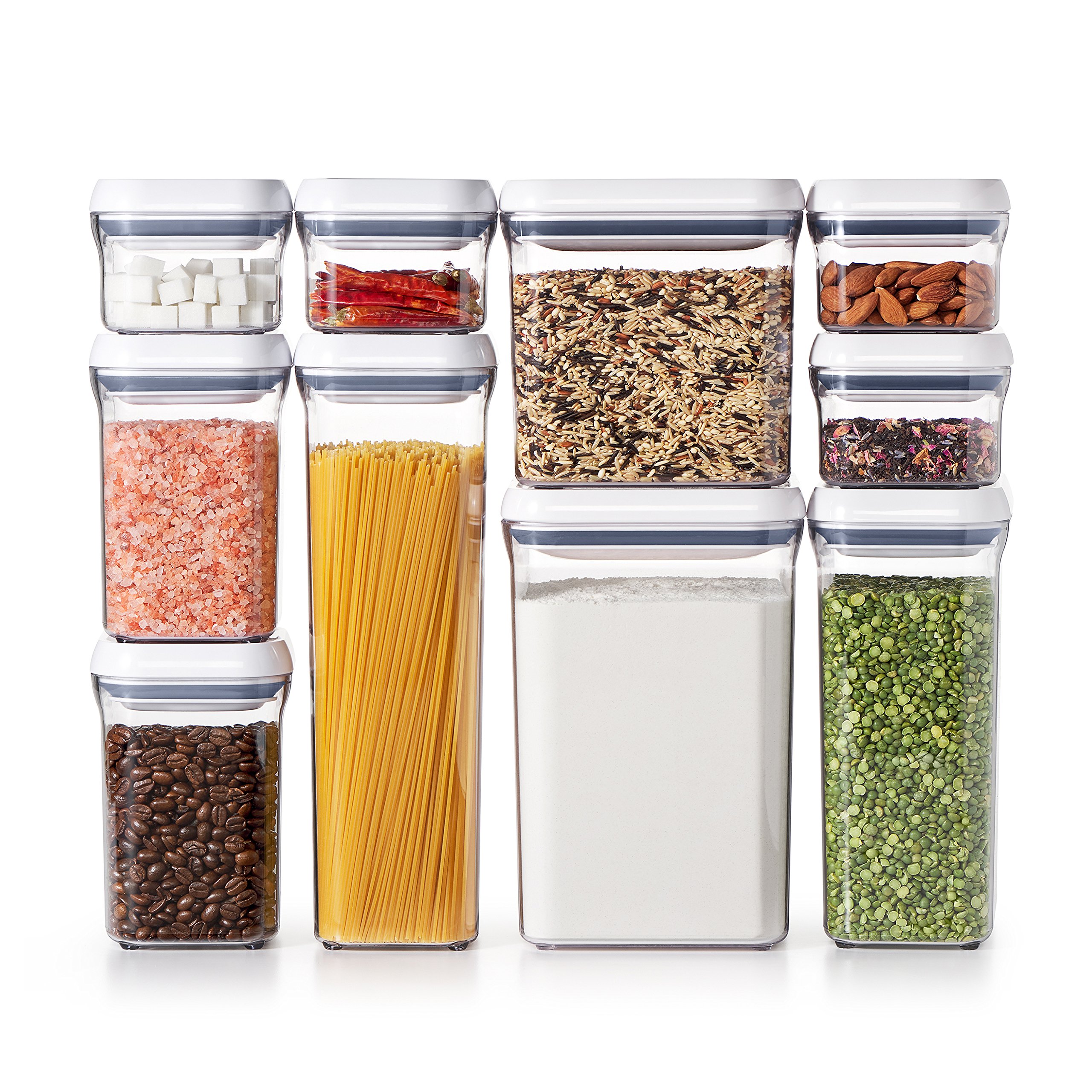 OXO Good Grips 10-Piece Airtight Food Storage POP Container Set - BPA-Free Kitchen Organization for Flour, Sugar, Coffee & Dry Goods - White Value Pack (10 Containers) for Pantry & Countertop Storage