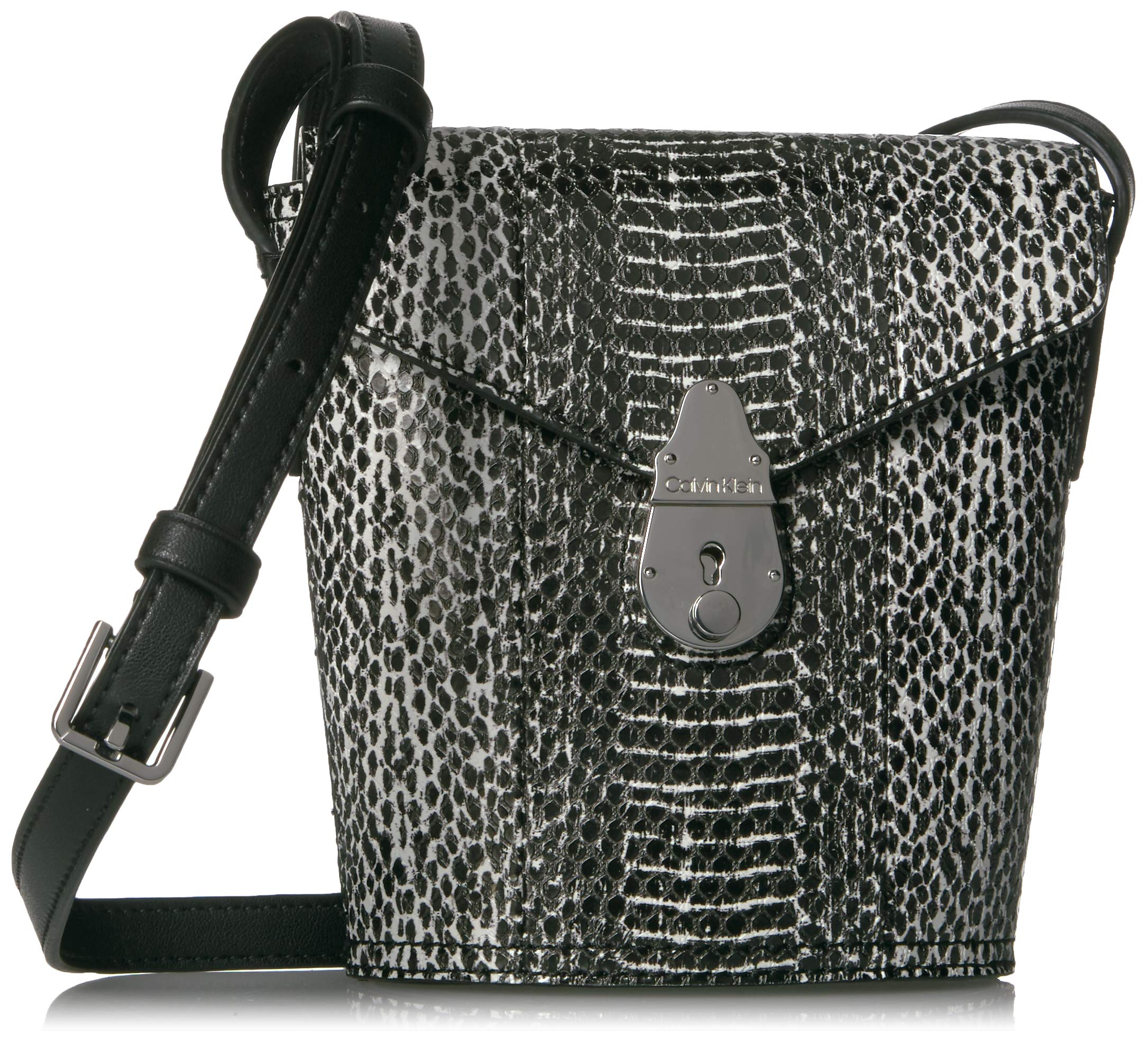 Calvin Klein Statement Series Lock Daytona Leather Mini Bucket Crossbody Bag for Women - Stylish Black Handbag for Daily Use, Travel & Night Out