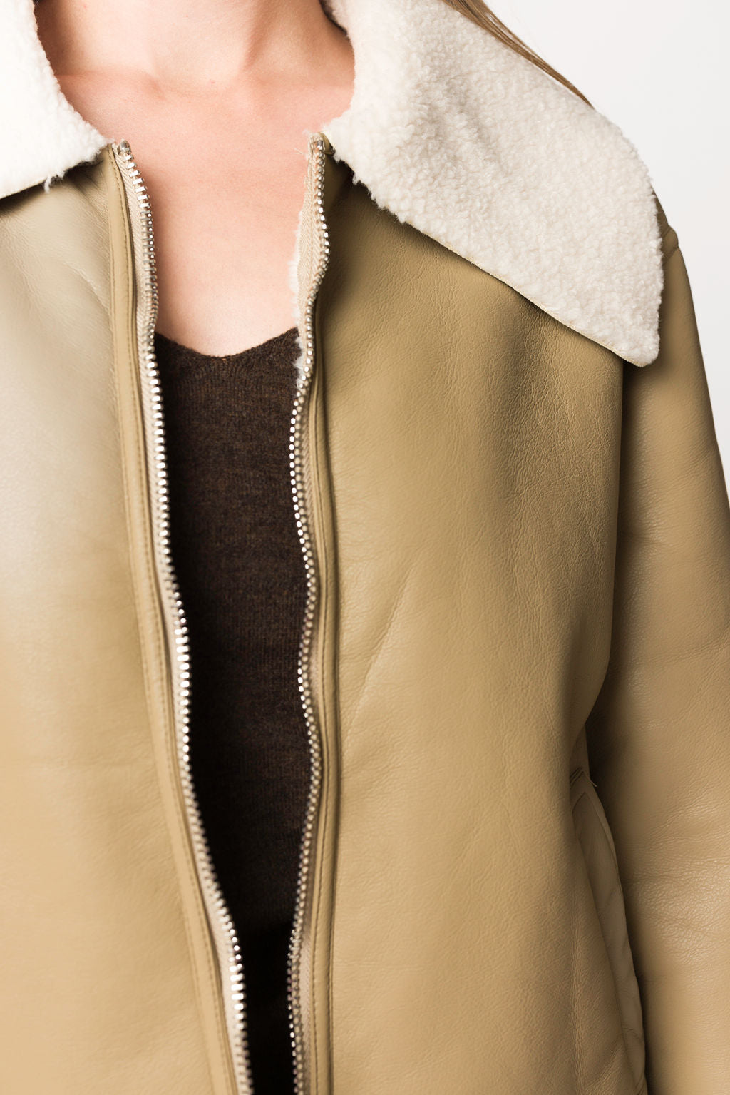Sammy Vegan Leather Shearling Jacket for Women - Sandstone Color | Winter Warm Coats | Perfect for Outdoor Activities & Casual Wear