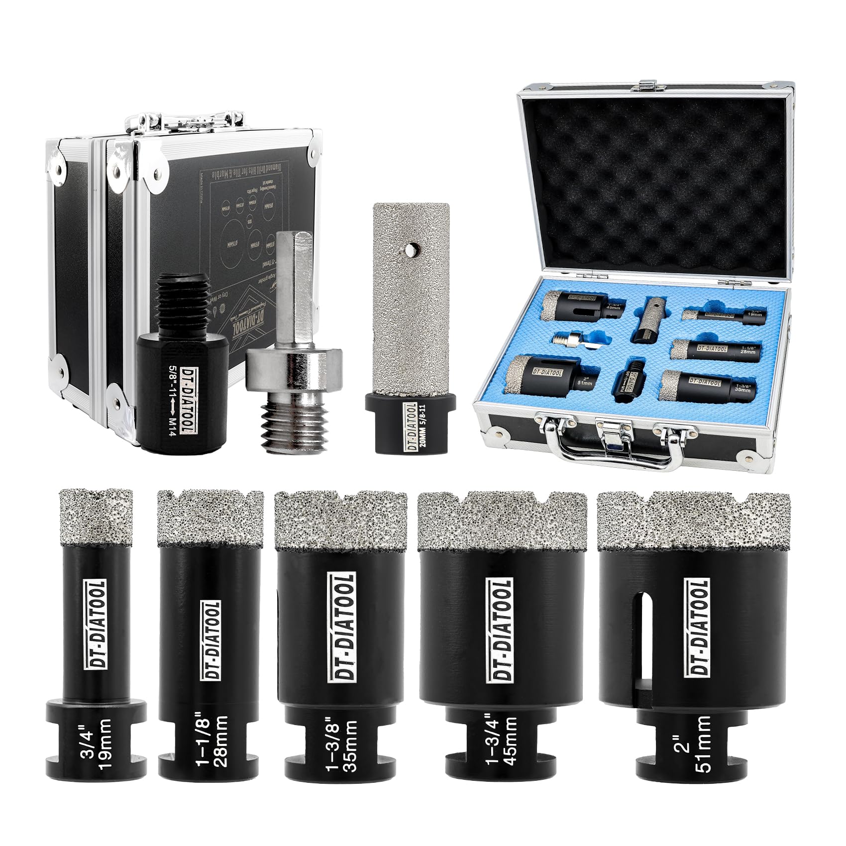 DT-DIATOOL Diamond Core Drill Bit Set - 19/28/35/45/51mm Tile Hole Saw Kit with 20mm Diamond Finger Bit & 2 Adapters for Porcelain, Ceramic, Marble, Granite - Perfect for Bathroom Renovation, Kitchen Backsplash & Tile Installation Projects