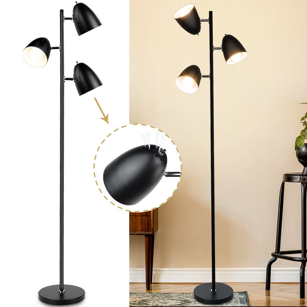 Depuley 3-Light Industrial Floor Lamp - Adjustable Metal Heads, Black Pole Tall Standing Light with E26 Base (3 x 9W LED Bulbs Included) - Perfect for Living Room, Bedroom, Office & Reading Nook