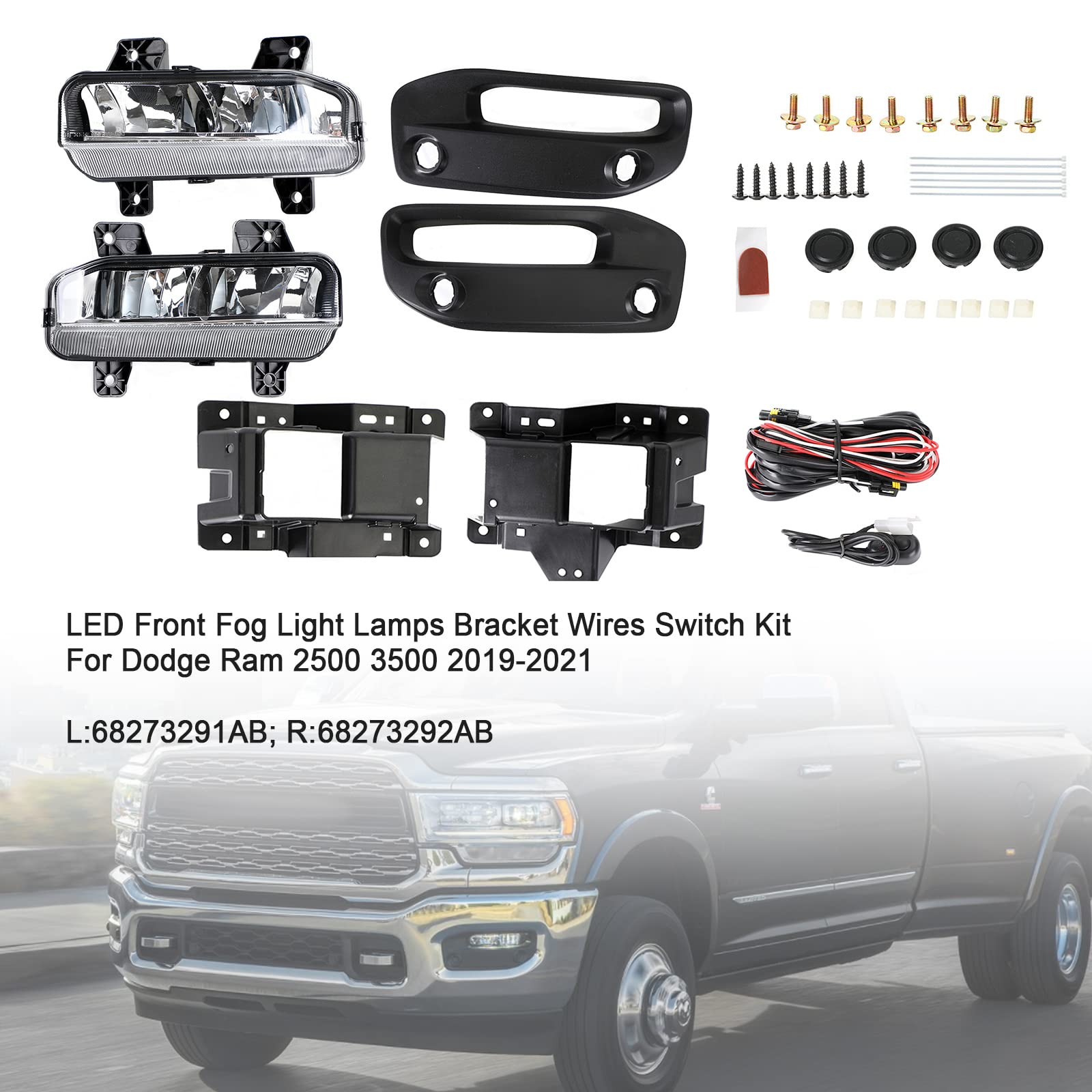 LED Front Fog Light Kit with Bracket & Wiring Harness for Dodge Ram 2500/3500 (2019-2021) - Durable Off-Road Lighting for Night Driving & Foggy Conditions