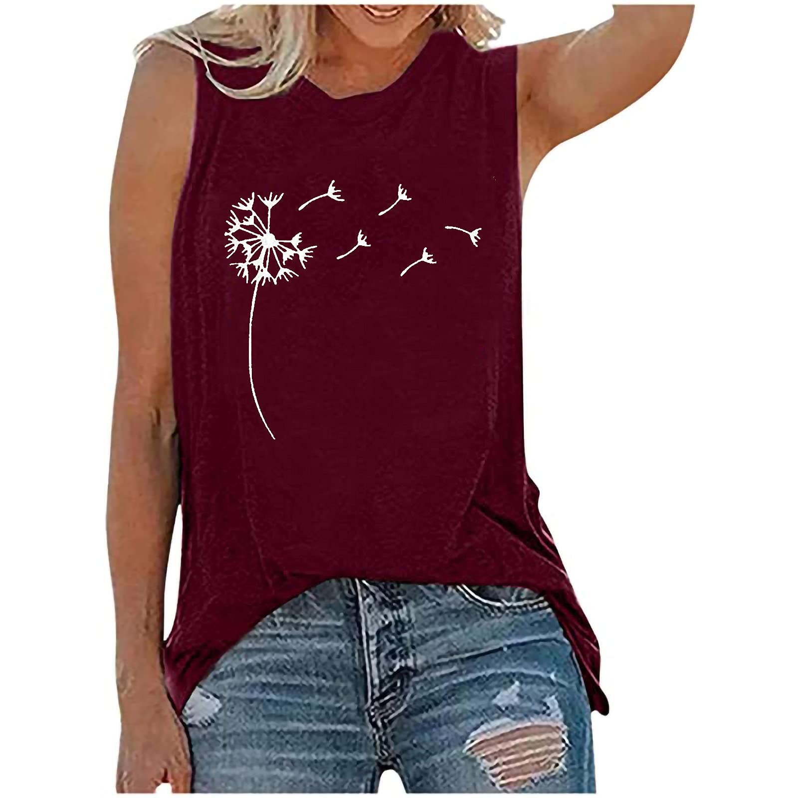 Women's Sexy Dandelion Print Casual Tank Top - Loose Fit Summer Basic Tee for Women | Perfect for Beach Outings, Date Nights & Casual Wear