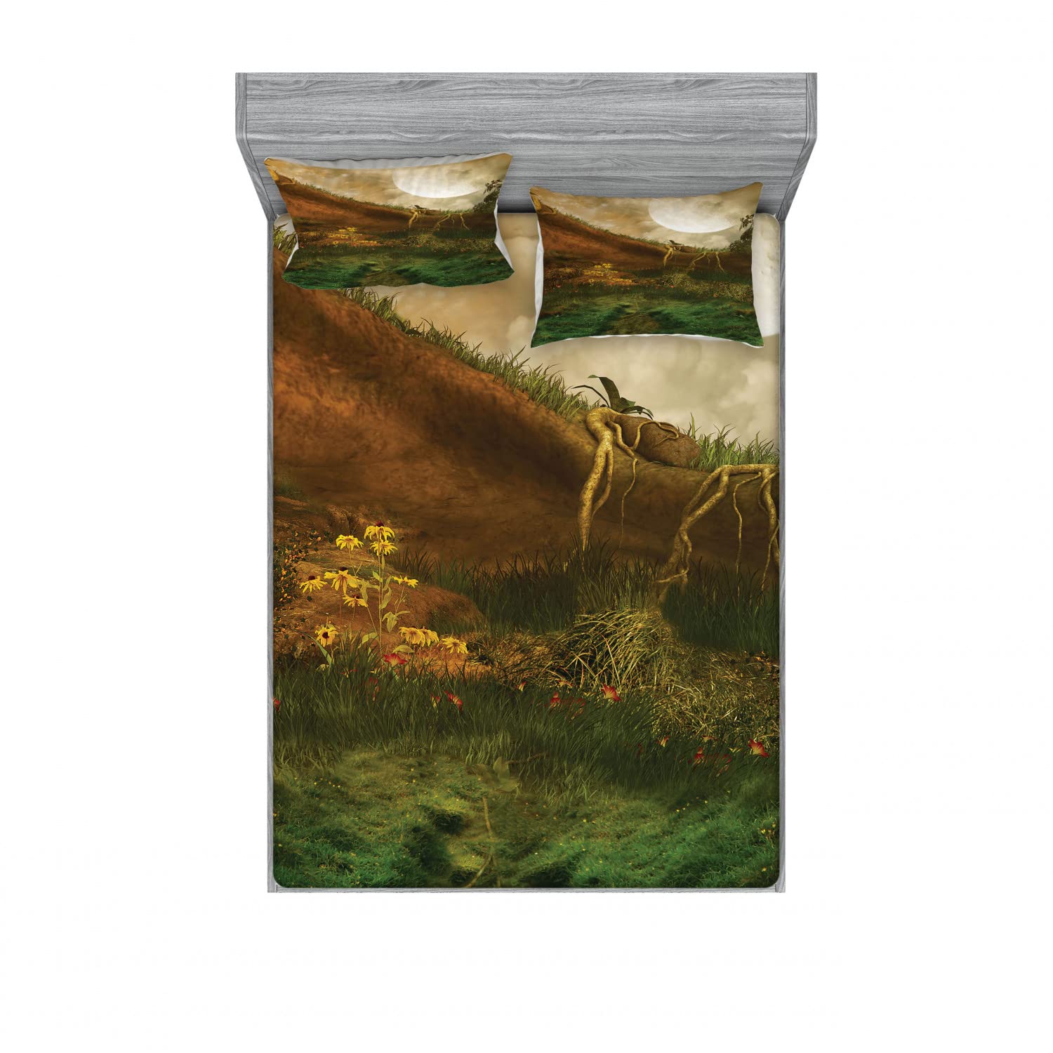 Ambesonne 2-Pack Queen Size Fitted Sheet Set with 4 Pillow Shams - Valley with Full Moon Landscape Design in Fern Green & Cinnamon | Soft Bedding Decor for Master Bedroom, Guest Room & Vacation Homes