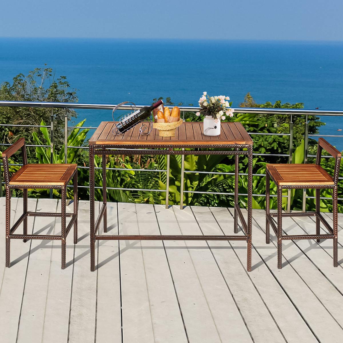 Tangkula 3-Piece Outdoor Bar Table Set - Acacia Wood Top Rattan Bistro Set with 2 Bar Stools for Patio, Backyard, Balcony & Dining Room | Perfect for Outdoor Entertaining, Alfresco Dining & Small Space Decor