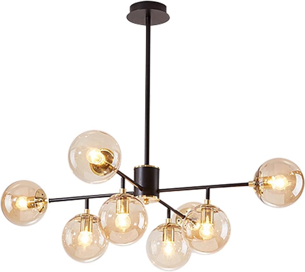 Modern 8-Lights Sputnik Chandelier Black Pendant Lighting with Amber Glass Globe - Mid-Century Ceiling Light Fixture for Living Room, Kitchen, Dining Room - Perfect for Vintage Home Decor & Restaurant Lighting