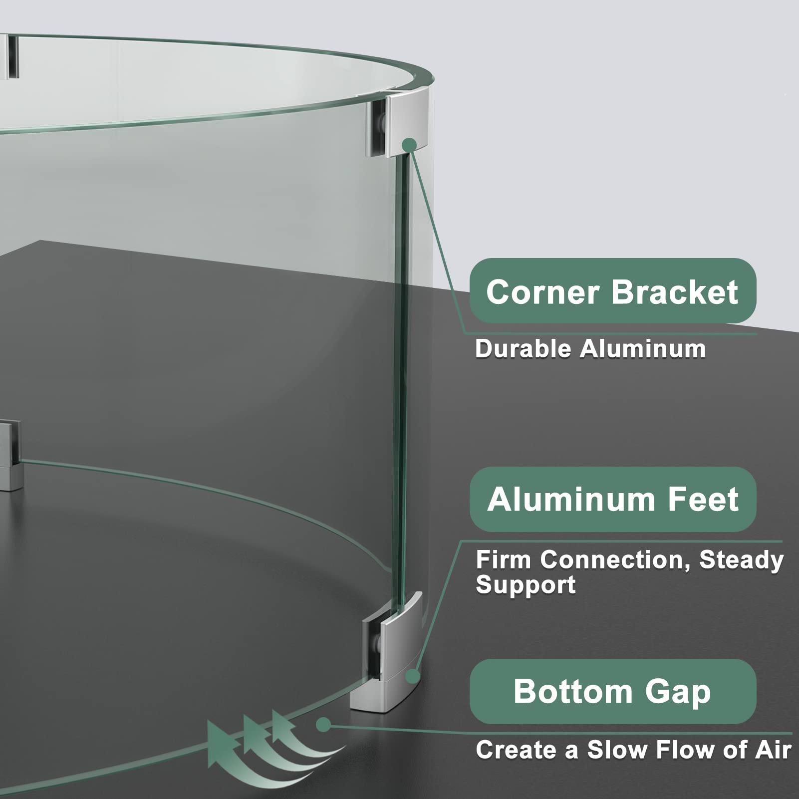 GASPRO 23x8 Inch Tempered Glass Wind Guard for Round Fire Pit Table - Thick Tall Fireplace Windshield Panel with Durable Aluminum Corner Brackets & Feet - Easy Assembly for Outdoor Patio, Backyard, Camping & Deck Use