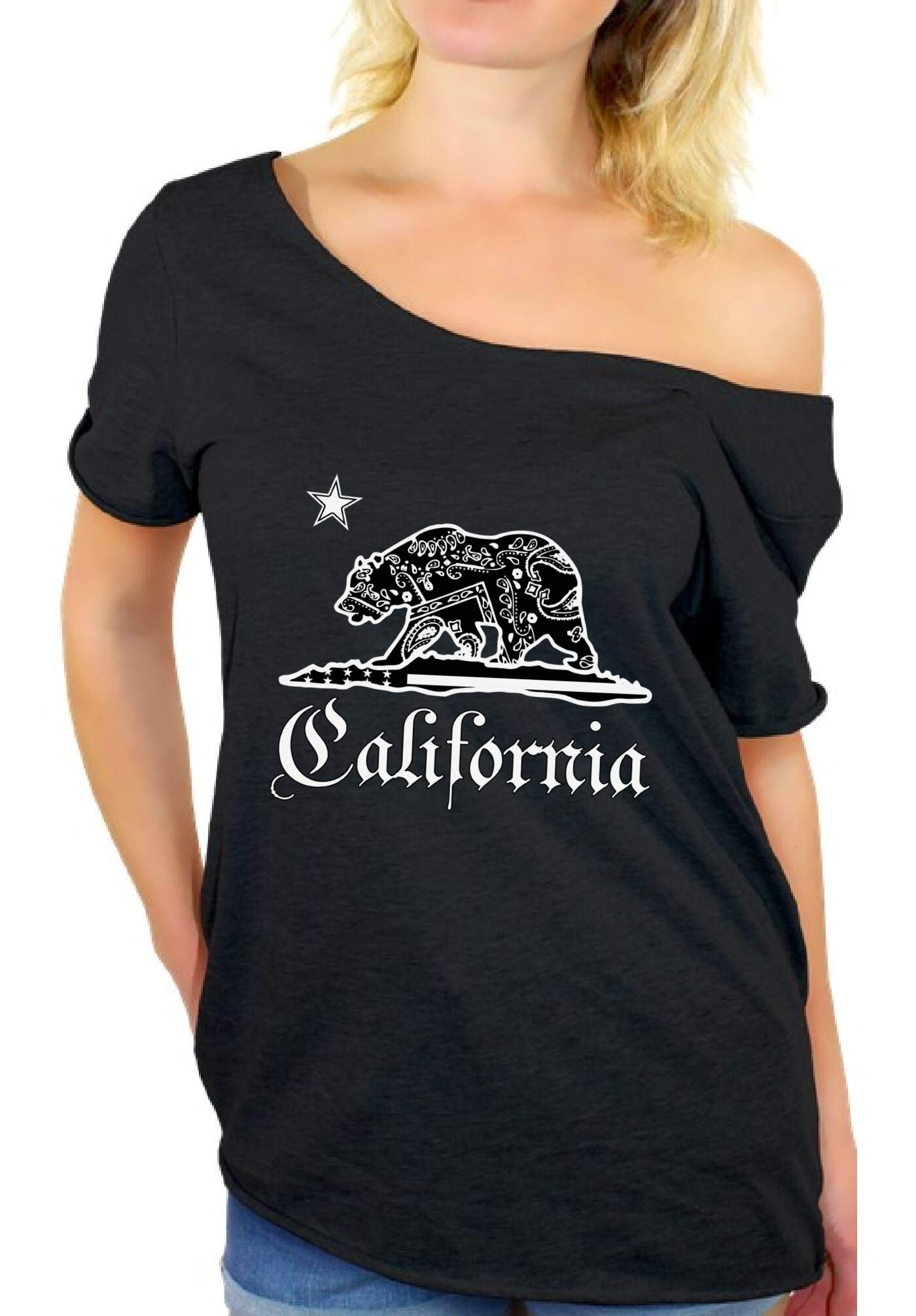 California Bear Bandana Off Shoulder T-Shirt for Women - Trendy Graphic Tee with Free Bookmark - Perfect for Beach Outfits, Summer Fashion & Casual Wear