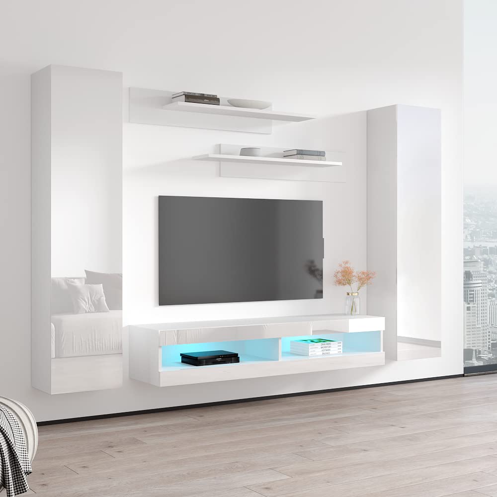 Modern Floating TV Stand with Storage & LED Lights - Wall-Mounted Entertainment Center Console for Bedroom & Living Room - White TV Cabinet with Shelves for Home Theater Setup - Perfect for Small Spaces & Apartment Living