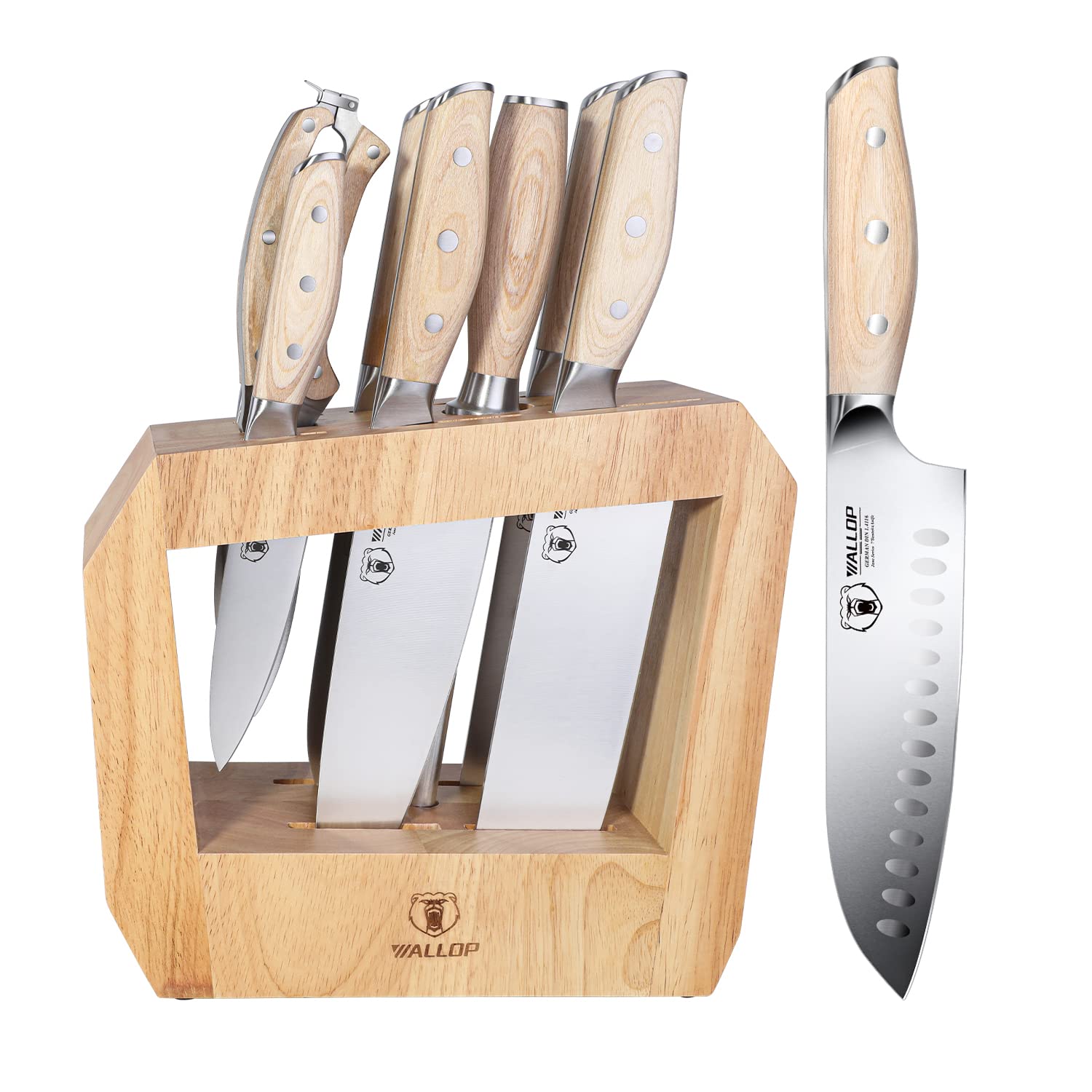 WALLOP 9-Piece Professional Chef Knife Set with Knife Sharpener - Triple Rivet Pakkawood Handle Knife Block Set, Ergonomic Cutlery Set for Home Kitchen | Perfect Gift for Chefs & Cooking Enthusiasts | Ideal for Slicing, Dicing & Food Prep