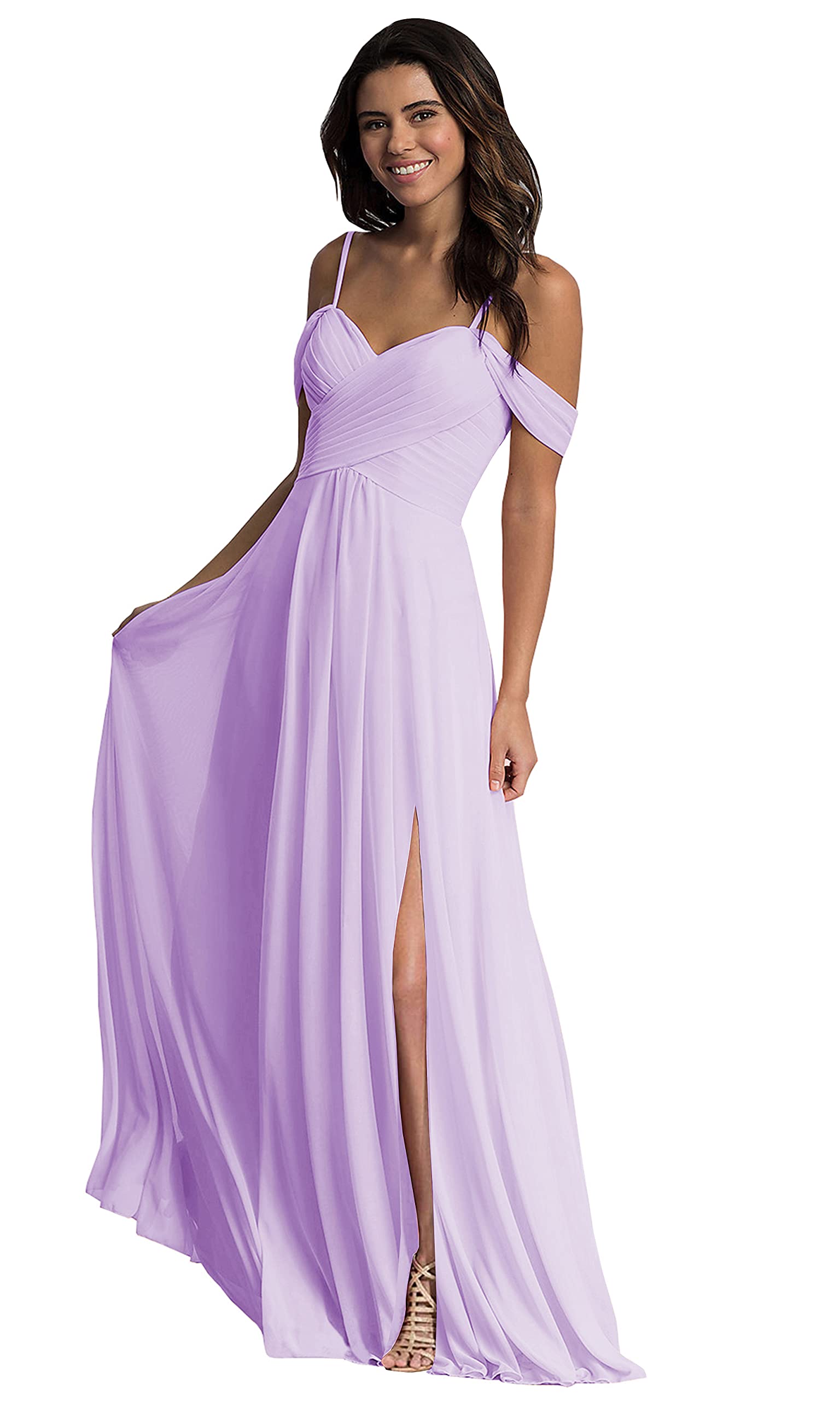 Elegant Off-The-Shoulder A-Line Chiffon Bridesmaid Dress with Thigh High Slit & Pockets - Women's Formal Evening Gown for Weddings, Prom, Cocktail Parties & Special Occasions