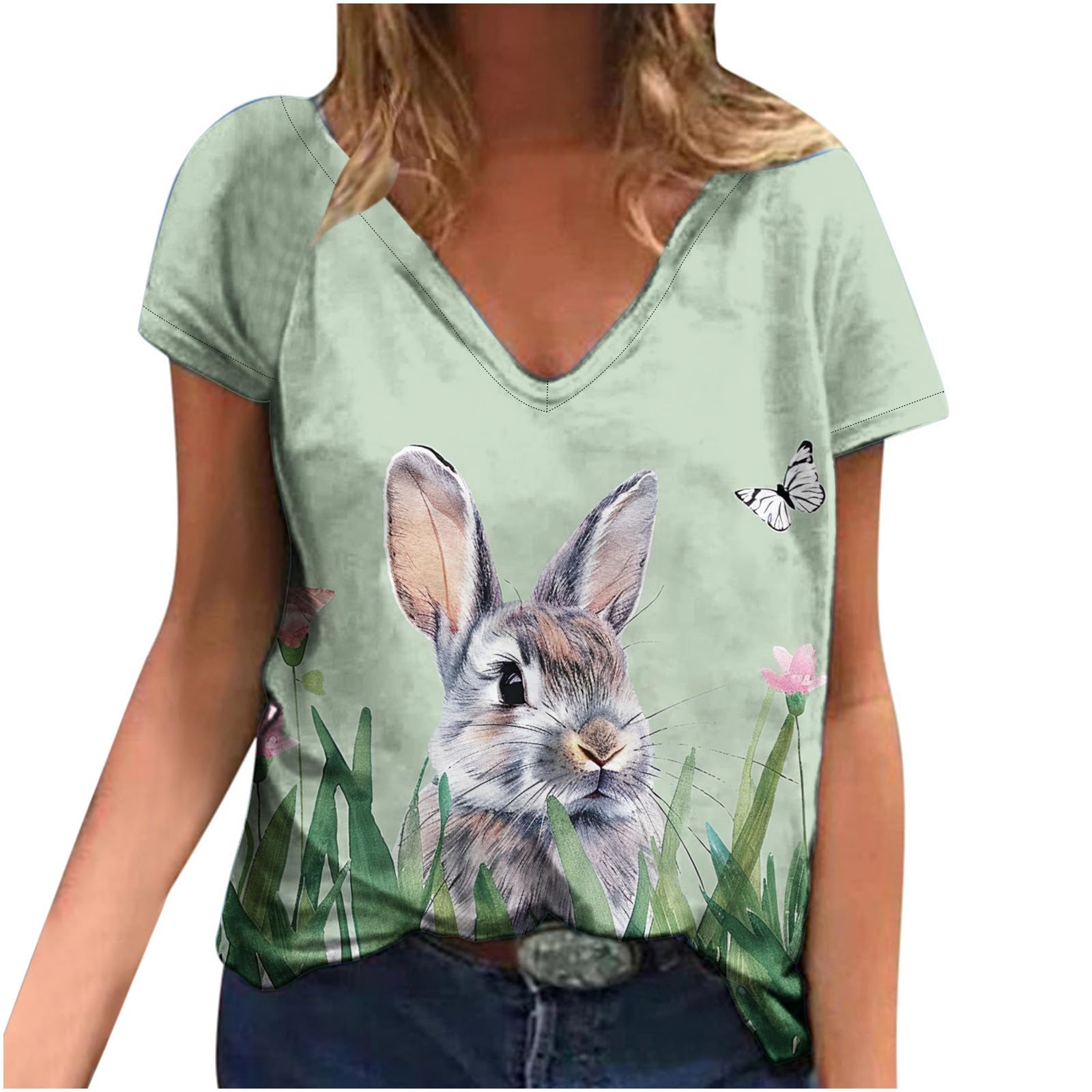 Funny Easter Bunny Rabbit Face Graphic T-Shirt for Women - V-Neck Short Sleeve Tee - Cute Easter Day Outfit for Girls & Women - Perfect for Easter Parties, Egg Hunts & Spring Celebrations