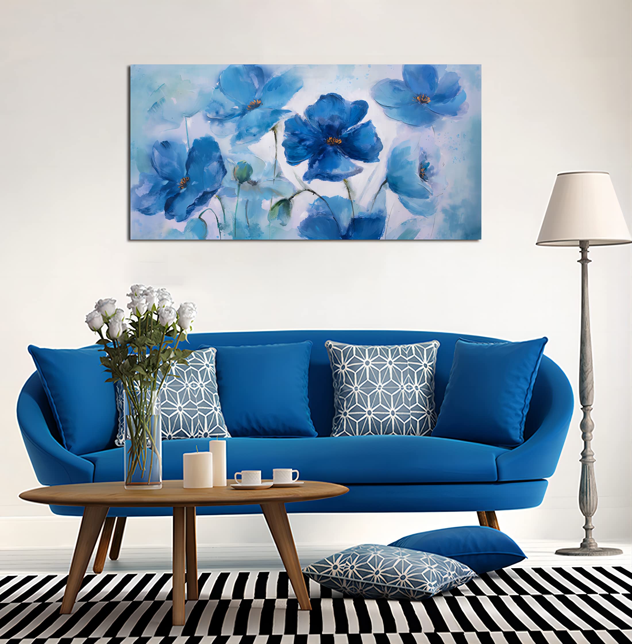 Large Blue Floral Canvas Wall Art - 24x48 Inch Framed Abstract Flower Print, Modern Home Decor for Bedroom & Living Room | Ready to Hang | Perfect for Housewarming Gifts & Interior Design