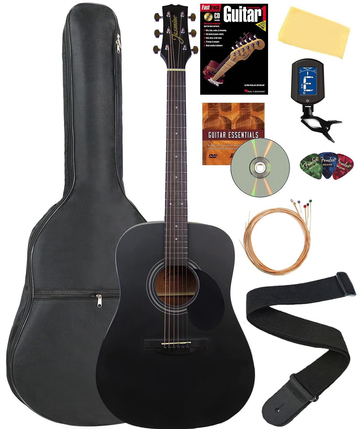 S35 Dreadnought Acoustic Guitar Bundle - Matte Black Finish with Gig Bag, Tuner, Strap, Picks & Accessories | Perfect for Beginners, Camping & Live Performances