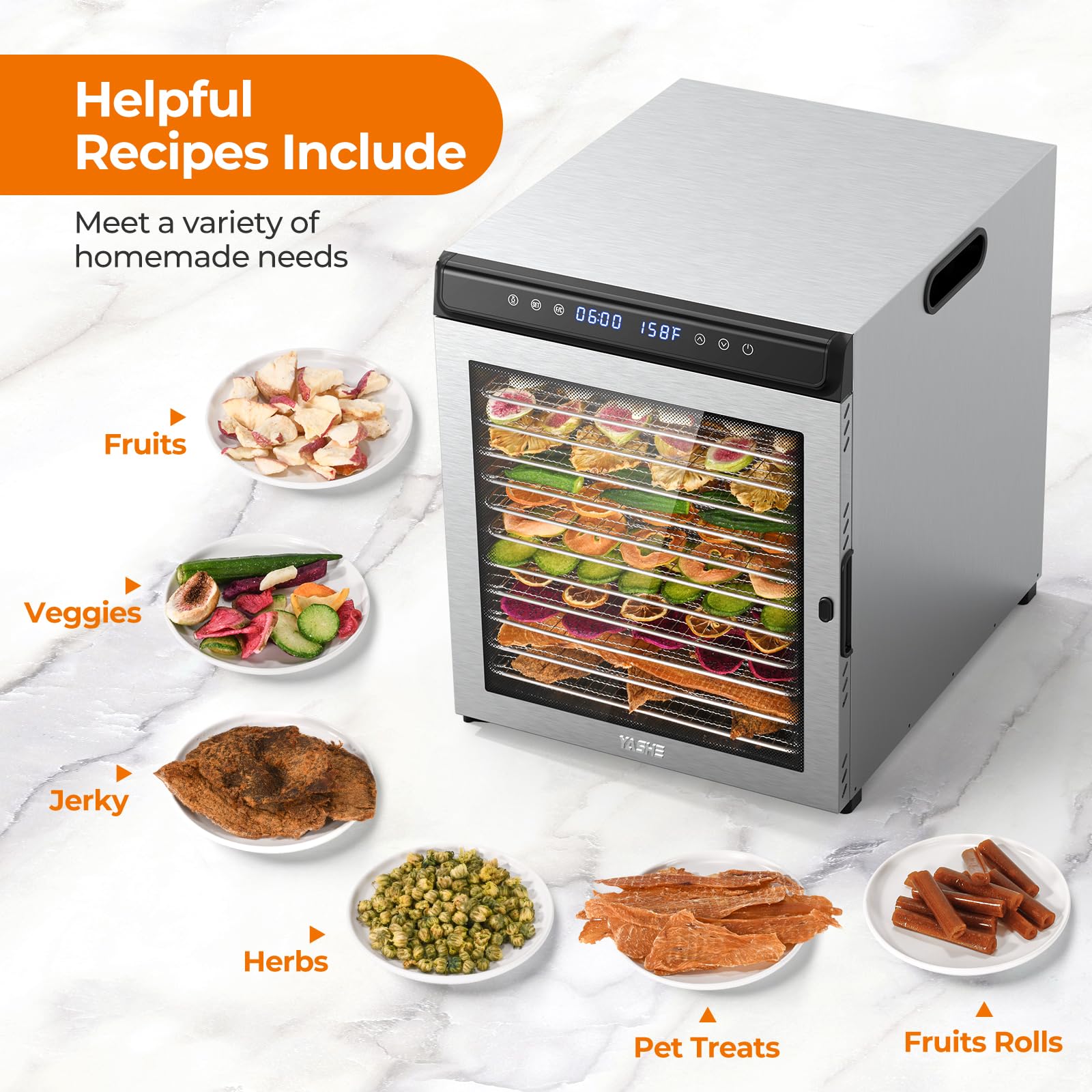Premium YASHE 12-Tray Stainless Steel Food Dehydrator - 1300W Electric Food Dryer with 72H Timer & Adjustable Temperature (95°F-167°F) - Perfect for Jerky, Fruits, Herbs, Dog Treats - Includes Free Recipe Book - Ideal for Home Kitchen, Camping & Healthy Snack Preparation