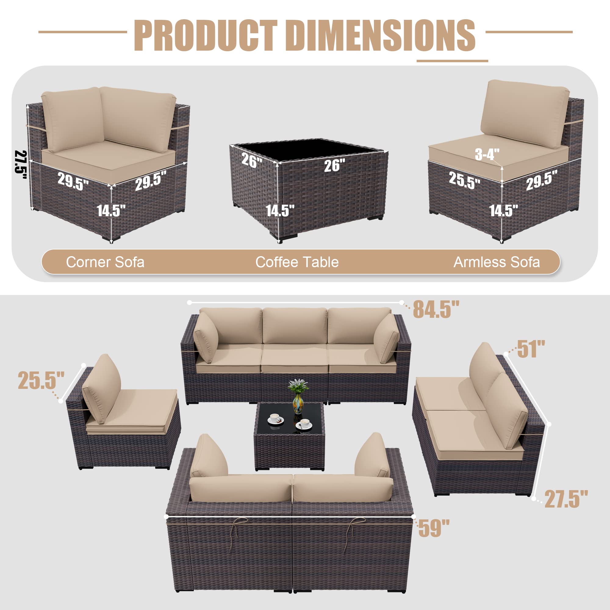 9-Piece Brown PE Rattan Outdoor Patio Furniture Set with Sectional Sofa, 8 Sand Cushions & Coffee Table - Perfect for Backyard, Garden, Poolside & Deck Relaxation