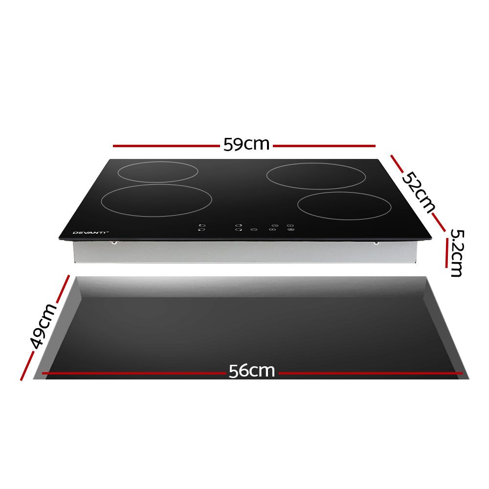 Devanti 60cm Ceramic Electric Cooktop - 4 Burner Stove Hob with Touch Control for Modern Kitchen | Fast Heating, Energy Efficient Cooking Solution for Home & Restaurant Use