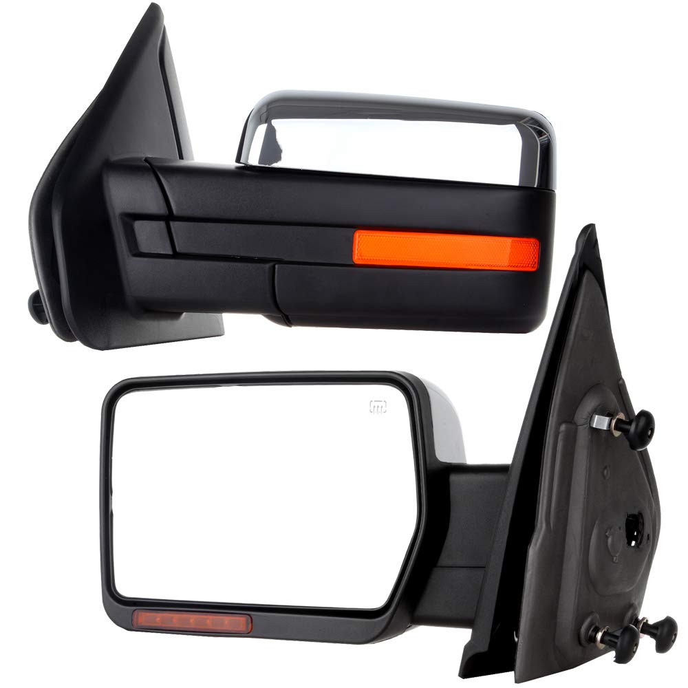ROADFAR Power Heated Towing Mirrors for 2004-2014 Ford F150 Pickup - Left & Right Side Mirrors with Turn Signal, Puddle Light & Chrome Housing | Perfect for Towing, Off-Roading & Night Driving