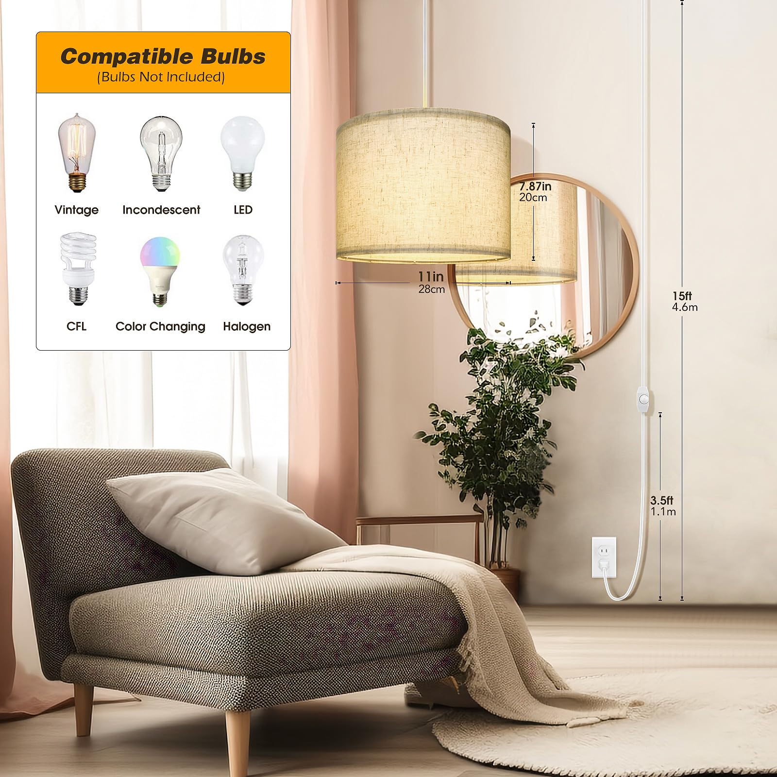 Dimmable Plug-in Pendant Light with 15 FT Cord & Fabric Shade - Modern Hanging Lamp for Living Room, Bedroom, Dining Room & Kitchen | Perfect for Ambient Lighting, Home Decor & Cozy Spaces