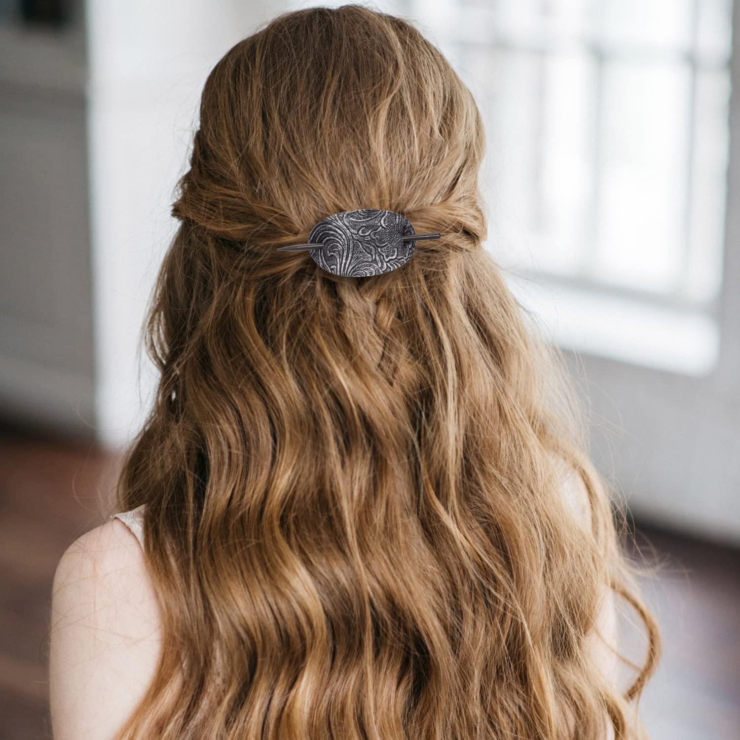 Noverlife 6PCS Bohemian Style Hair Barrettes with Wooden Stick - Faux Leather Oval Hair Clips, Ponytail Holders & Slider Pins for Women & Girls | Perfect for Weddings, Parties & Everyday Styling