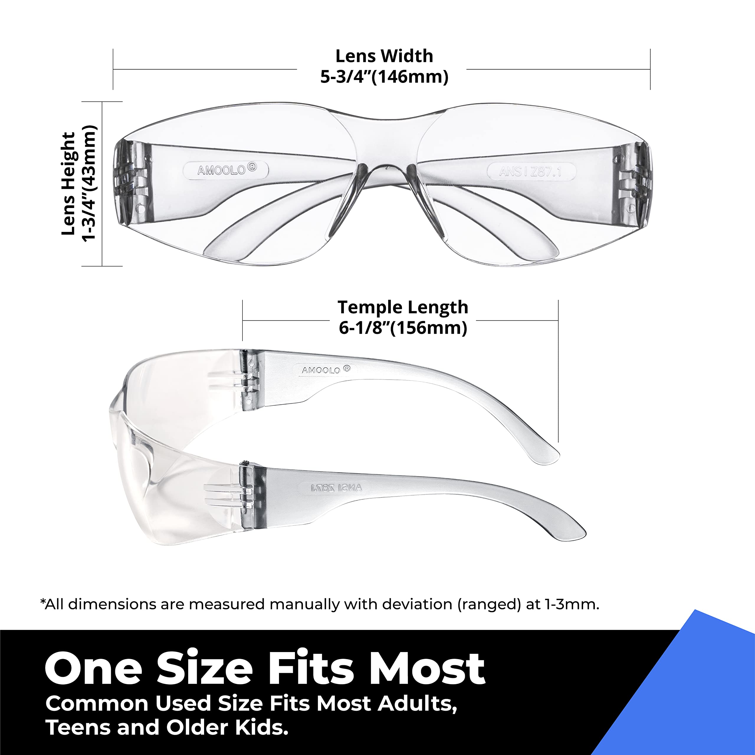 Amoolo Safety Glasses for Men & Women - Clear Protective Eyewear for Work, Lab, Construction - ANSI Z87.1 Certified (144-Pack, Adult Size) - Ideal for Woodworking, Welding, DIY Projects & Industrial Safety