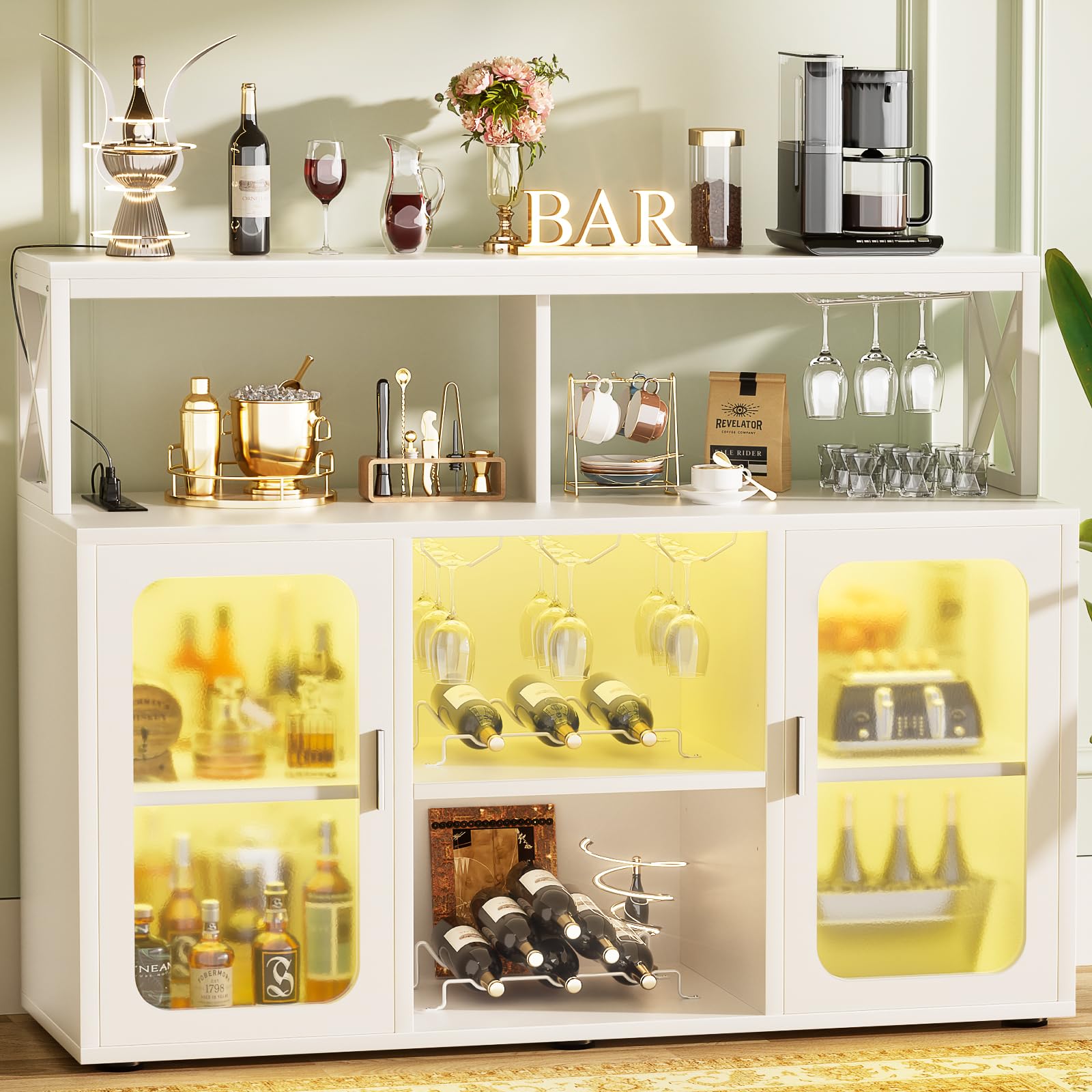 Aheaplus Modern Bar Cabinet with Power Outlet & LED Lights - Wine Storage Cabinet with Glass Holders, Adjustable Shelves - Perfect for Home Bar, Kitchen Coffee Station & Entertaining - White (Model S3)
