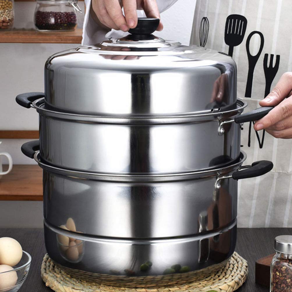 Stainless Steel Steamer Pot - 3-Layer Stackable Steaming Cookware for Soup, Dumplings & Vegetables | Durable Kitchen Stockpot for Home Cooking & Meal Prep | Perfect for Stovetop, Induction & Gas Burners