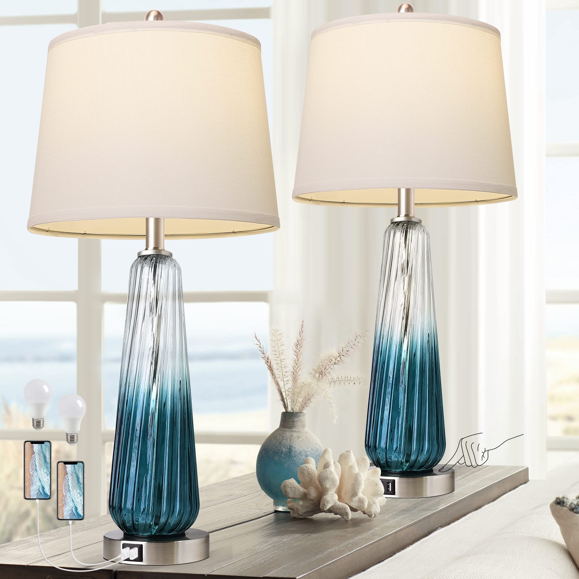 Modern Glass Table Lamps Set of 2 with Touch Control & USB A+C Ports - 3-Way Dimmable Nightstand Lamps with White Fabric Shade, 27.5