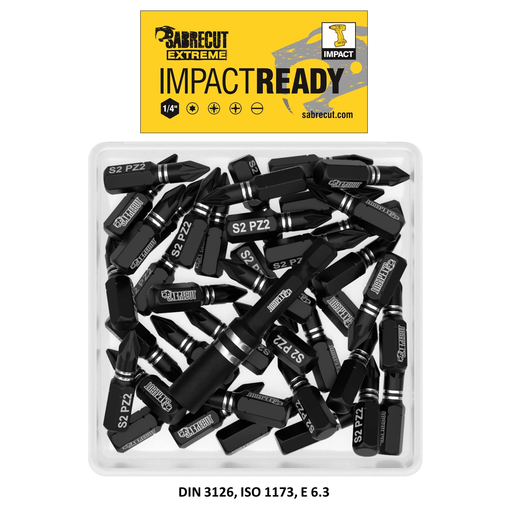 SabreCut SCPA25_41 41-Piece Impact Screwdriver Bit Set - 25mm PZ2 Pozidriv #2 Single-End Heavy Duty Bits with Bit Holder & Storage Case - Ideal for Construction, Automotive, and DIY Projects