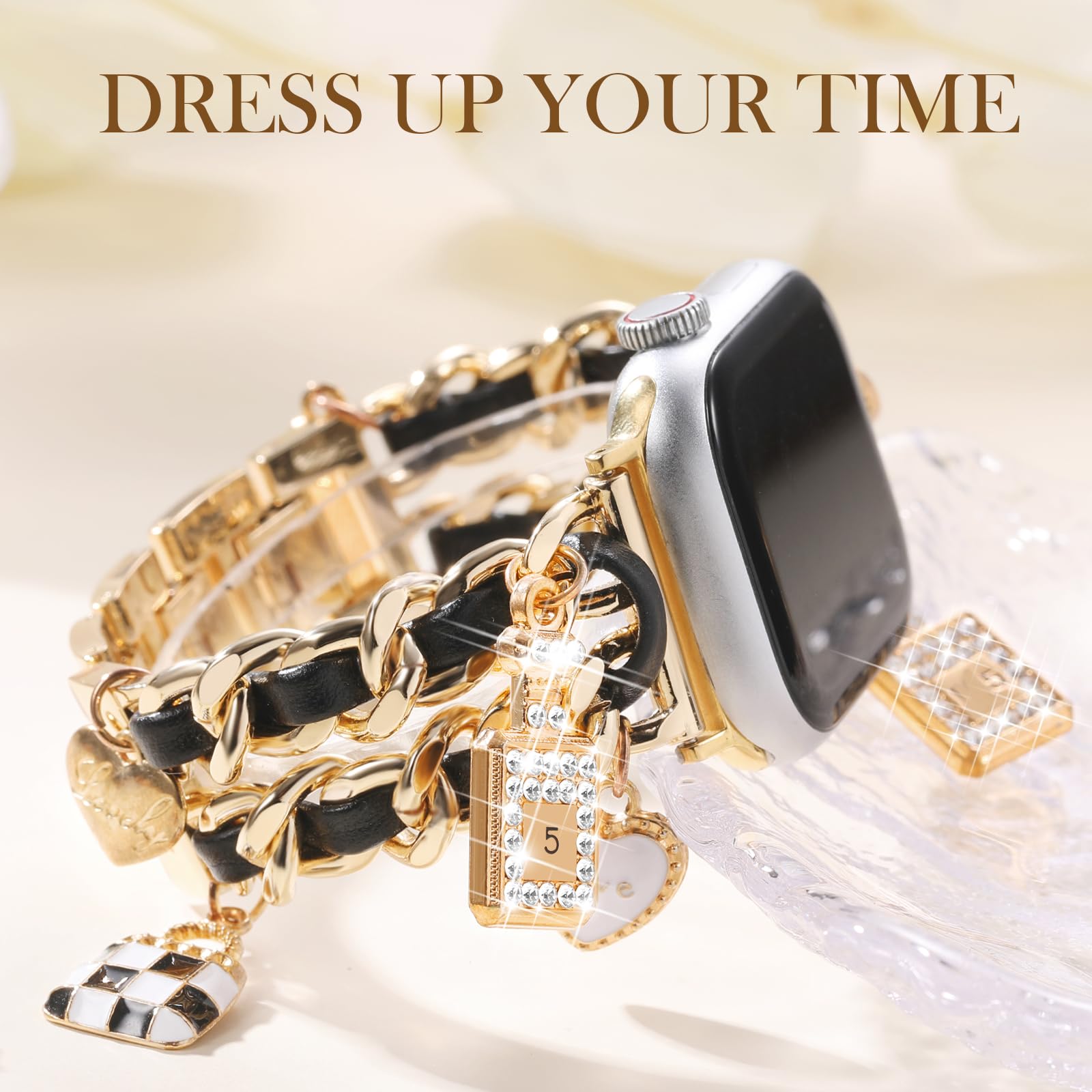 Elegant Stainless Steel Band for Apple Watch - Compatible with 38mm 40mm 41mm 42mm 44mm 45mm 46mm Models - Fashionable Chain Strap with Charms for Women - Perfect for iWatch Series 10/9/8/7/6/5/4/3/2/1/SE - Ideal for Workouts, Office Wear & Special Occasions