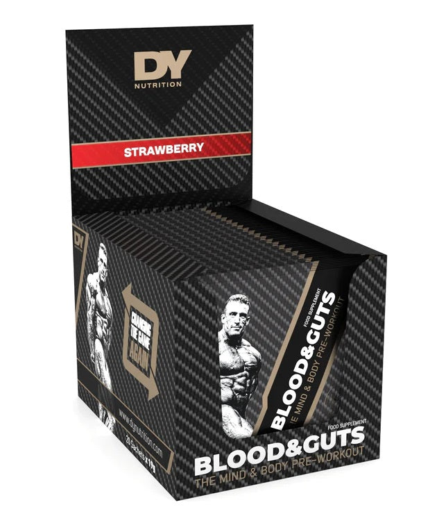 Dorian Yates Blood and Guts Pre-Workout Powder - Strawberry Flavor (20 x 19g Sachets) for Muscle Growth & Energy Boost | Ideal for Gym, Bodybuilding & Fitness Training