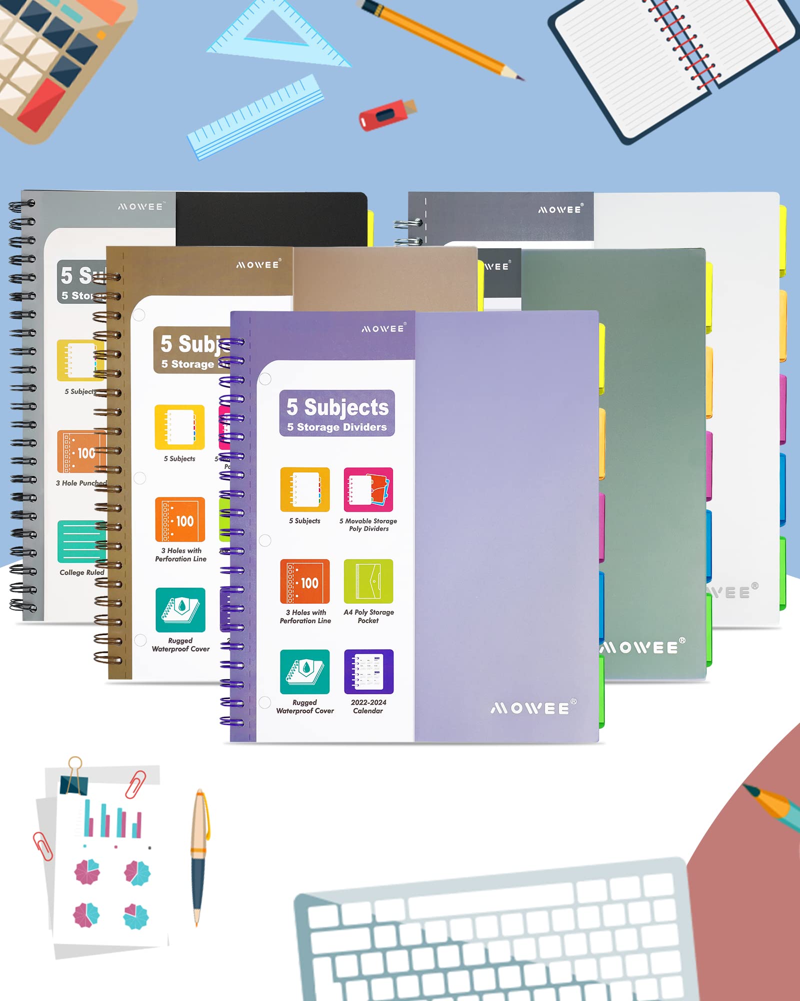5 Subject Spiral Notebook - College Ruled with Dividers, Pockets & Tabs, Includes 11