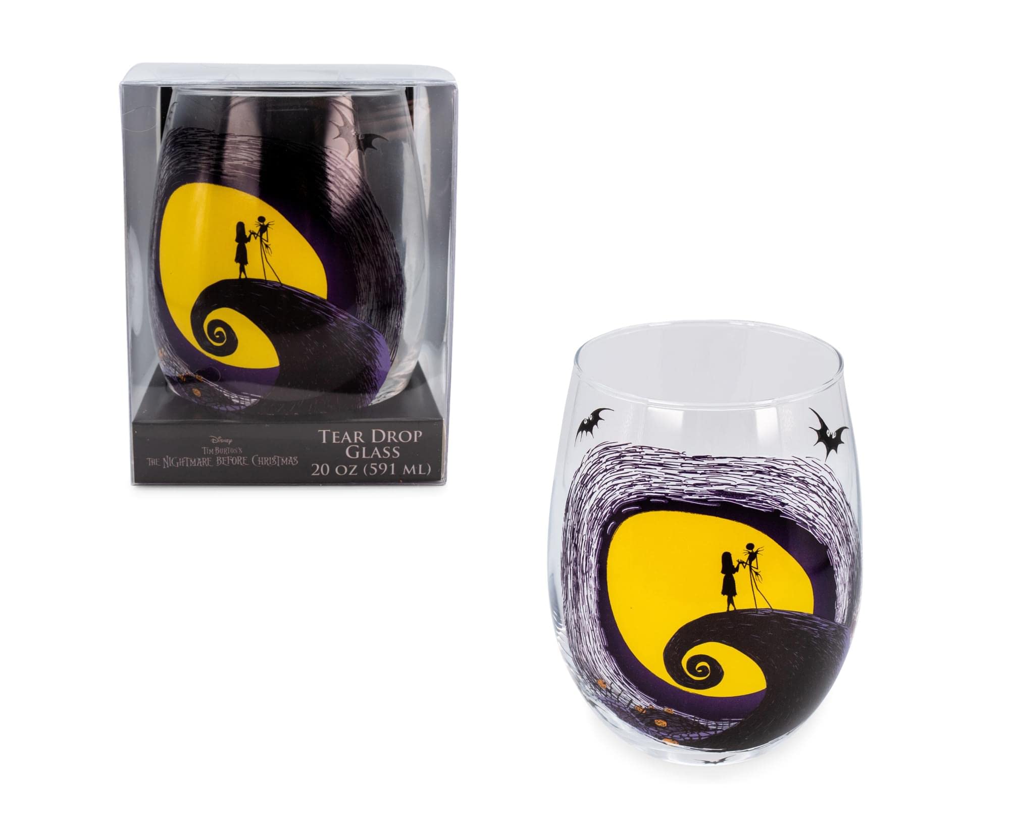 Disney The Nightmare Before Christmas Jack & Sally Spiral Hill Stemless Wine Glass - 20oz Halloween Tumbler for Mimosas, Cocktails & Home Bar Decor - Perfect for Disney Fans, Halloween Parties & Themed Home Accessories
