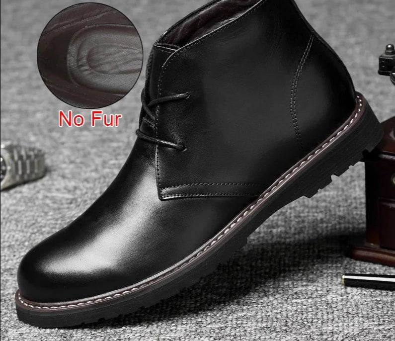 **Men's Genuine Leather Fur-Lined Ankle Boots - Warm Winter & Autumn Comfort, Soft Handmade Business Casual Shoes - Plus Size 48 - Ideal for Office, Travel & Outdoor Activities**