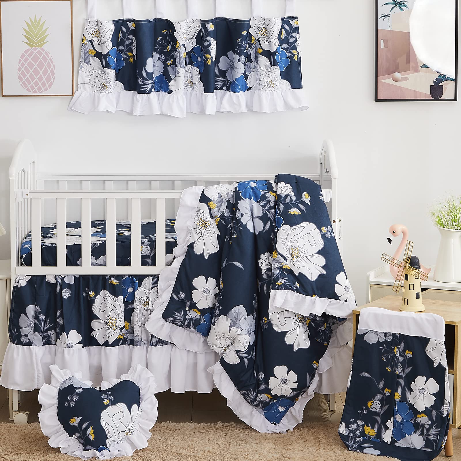 Brandream Girls Baby Bedding Set - 6 Piece Farmhouse Nursery Crib Bedding with White Black Rose Boho Design for Newborn Infant, Vintage Cradle Bedding - Perfect for Nursery Decor, Baby Shower Gifts & Cozy Sleep Time