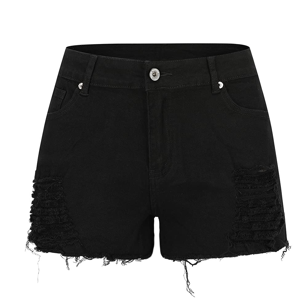 THUNDER STAR Women's Ripped Denim Shorts - Mid Rise Stretchy Jean Shorts with Frayed Raw Hem | Perfect for Summer Outfits, Casual Wear & Street Style Fashion