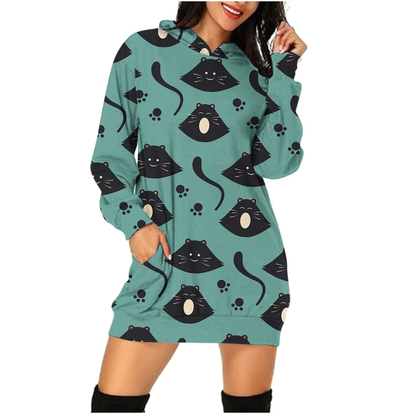 PANOEGSN Women's Skeleton Print Hoodie Dress - Long Sleeve Pullover Sweatshirt with Pocket, Casual Loose Fit Mini Shirt Dress for Halloween, Fall Fashion, Streetwear & Cozy Lounge Wear
