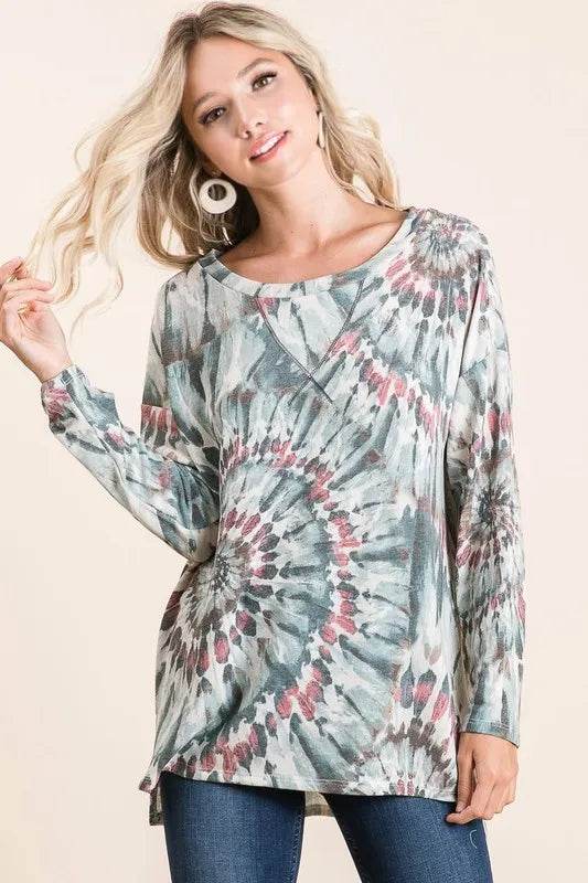 BiBi Tie Dye Terry Top with Contrast Stitching - Stylish Women's Casual Shirt for Summer Outfits, Beach Wear, and Festival Fashion
