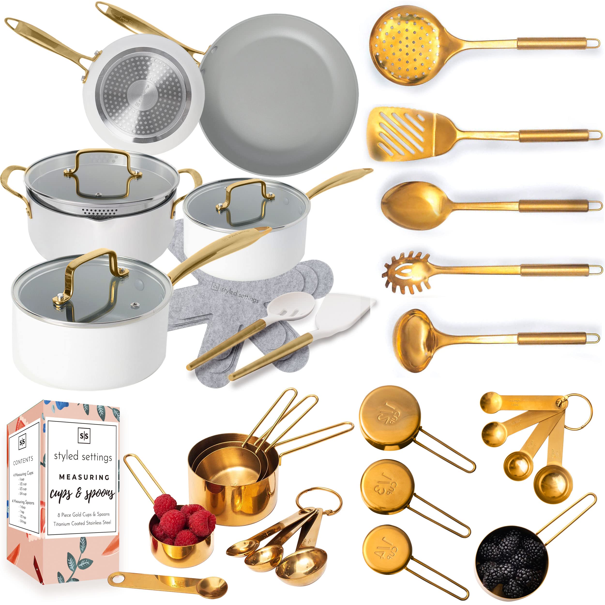 Premium 28-Piece White & Gold Nonstick Cookware Set with Stainless Steel Utensils & Measuring Cups - Perfect for Home Cooking, Baking, and Gourmet Meal Preparation