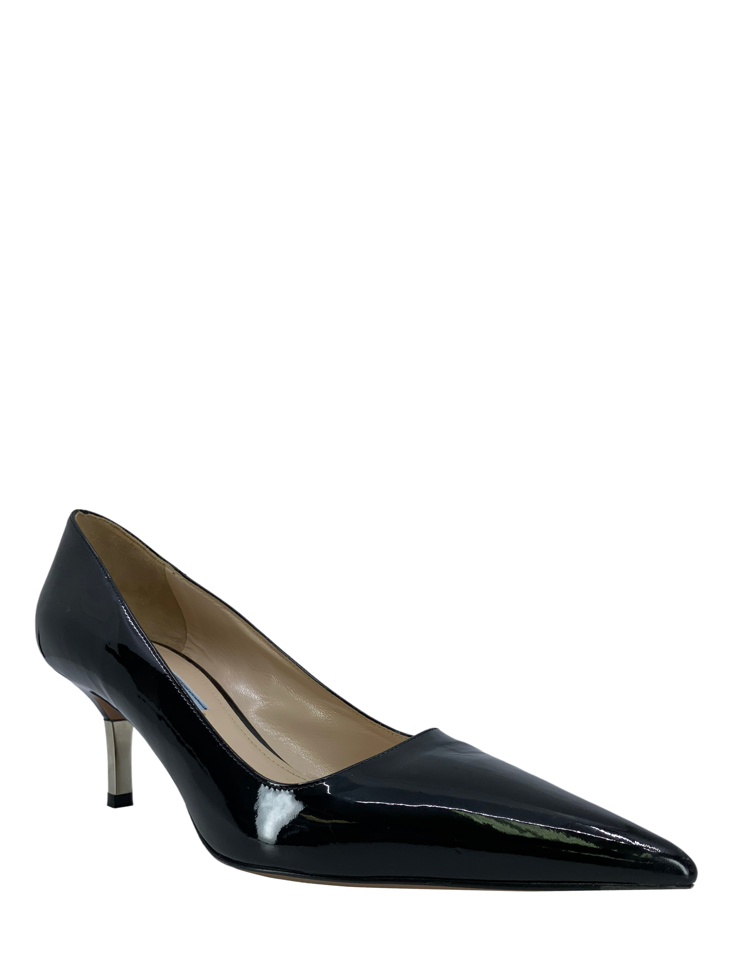 PRADA Women's Patent Leather Pointed Toe Pumps with Metal Heel - Size 7.5 | Luxury High Heels for Office, Party & Formal Events